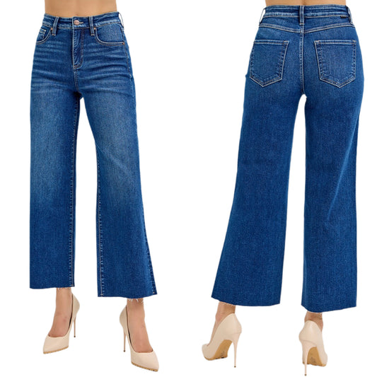 RISEN Tummy Control High-Rise Slim Fit Wide Leg Cropped Raw Hem Jeans Denim Pants Plus Size Available