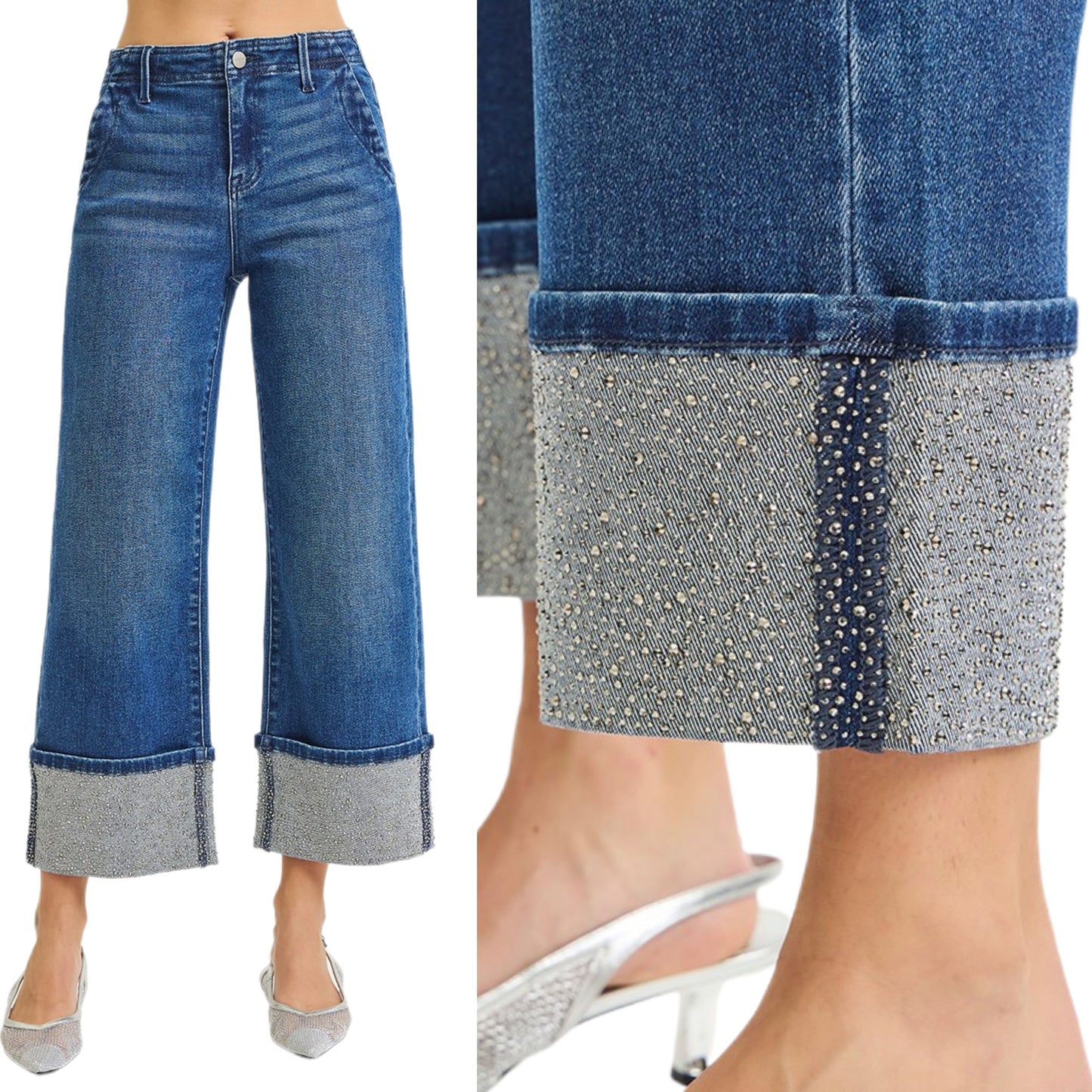 RISEN Rhinestone High-Rise Waist Cropped Pants Wide Leg Cuffed Hem Denim Jeans