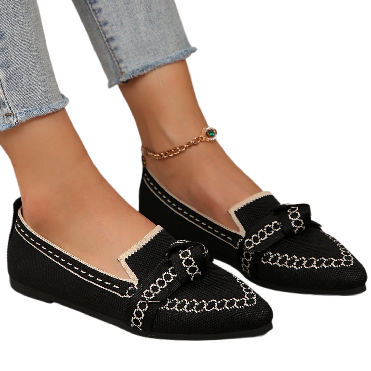 Pointed Bow Top Knit Ballet Flat Casual Loafer Contrast Color Trim Slip-on Shoes