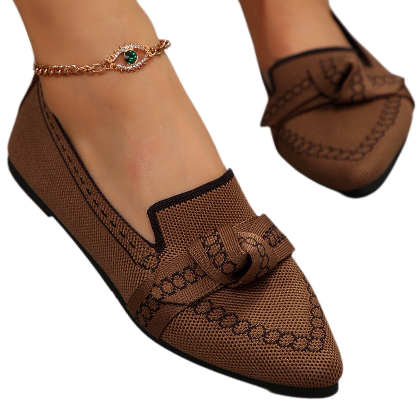 Pointed Bow Top Knit Ballet Flat Casual Loafer Contrast Color Trim Slip-on Shoes