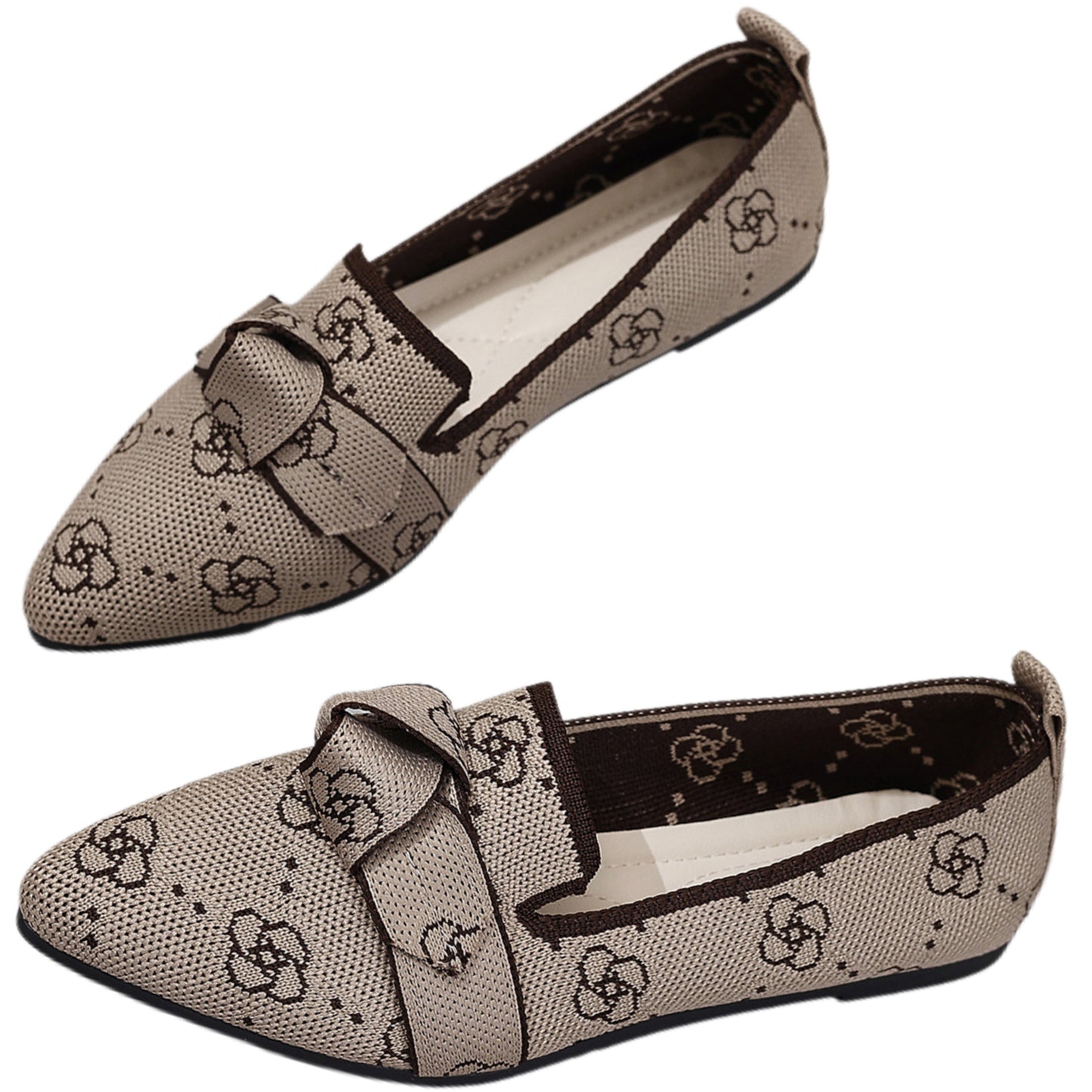 Pointed Bow Top Knit Contrasting Print Ballet Flat Casual Loafer Slip-on Shoes