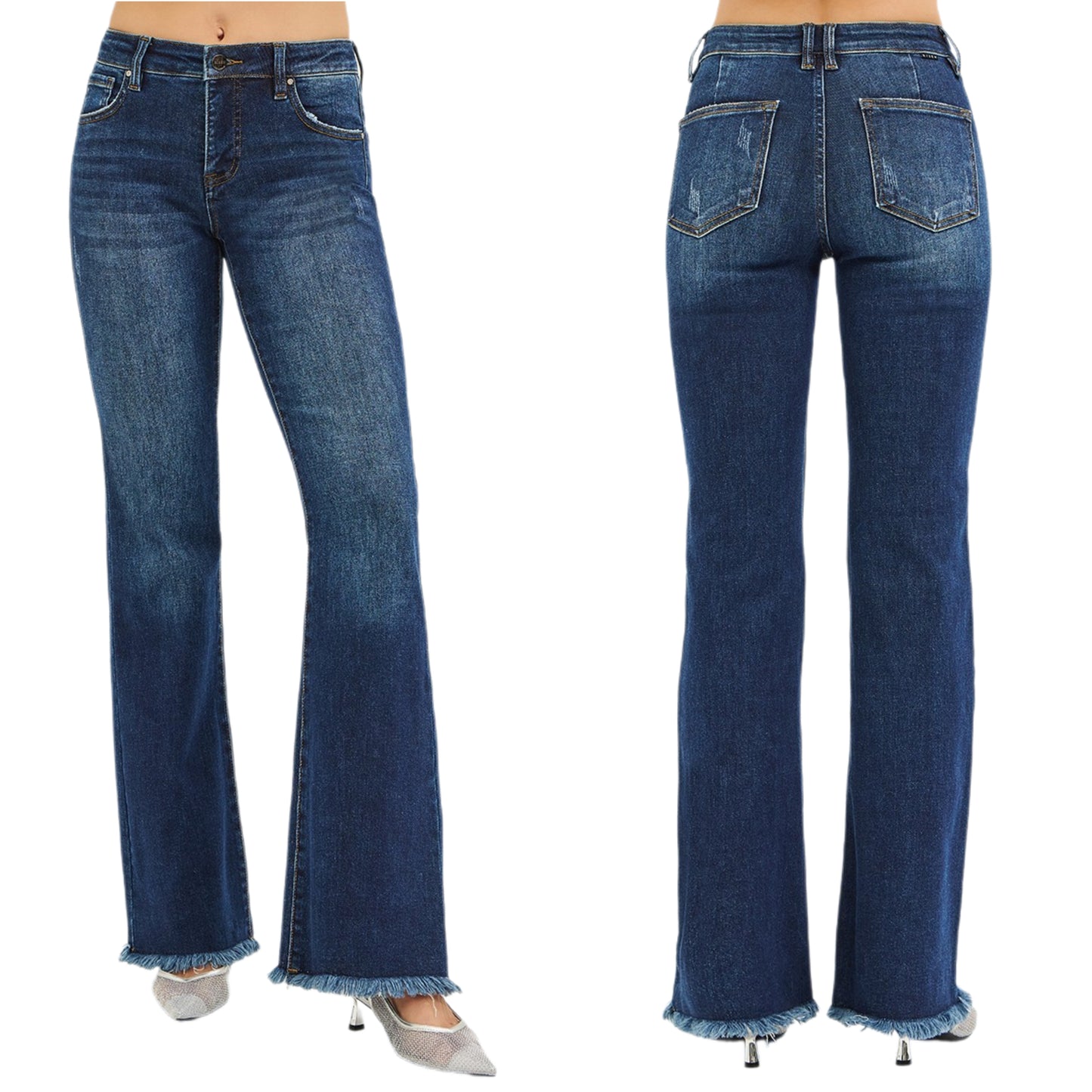 RISEN Mid-Rise Tummy Control Jeans Slim Flare Leg Frayed Raw Hem Denim Pants Plus Size Available