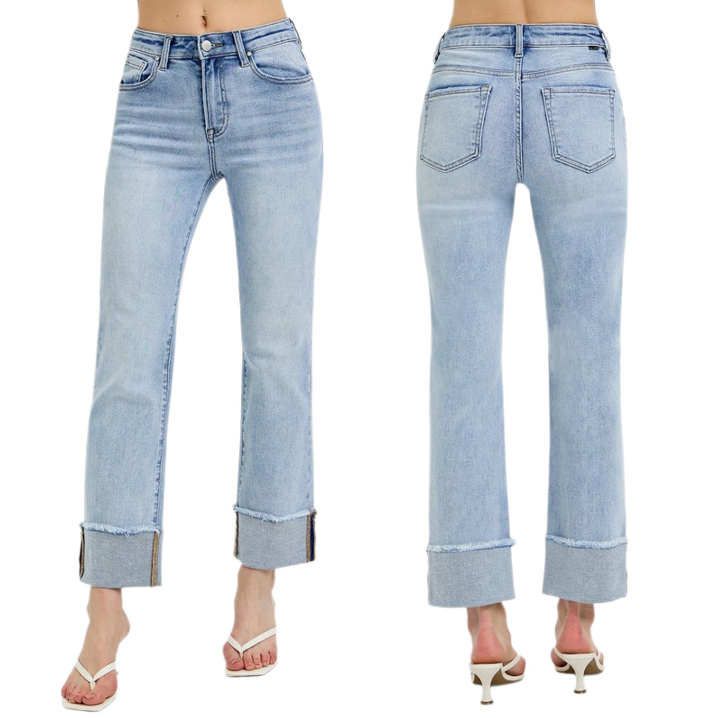 RISEN High-Rise Straight Leg Ankle Jeans Wide Cuffed Hem Relaxed Fit Denim Pants Plus Size Available