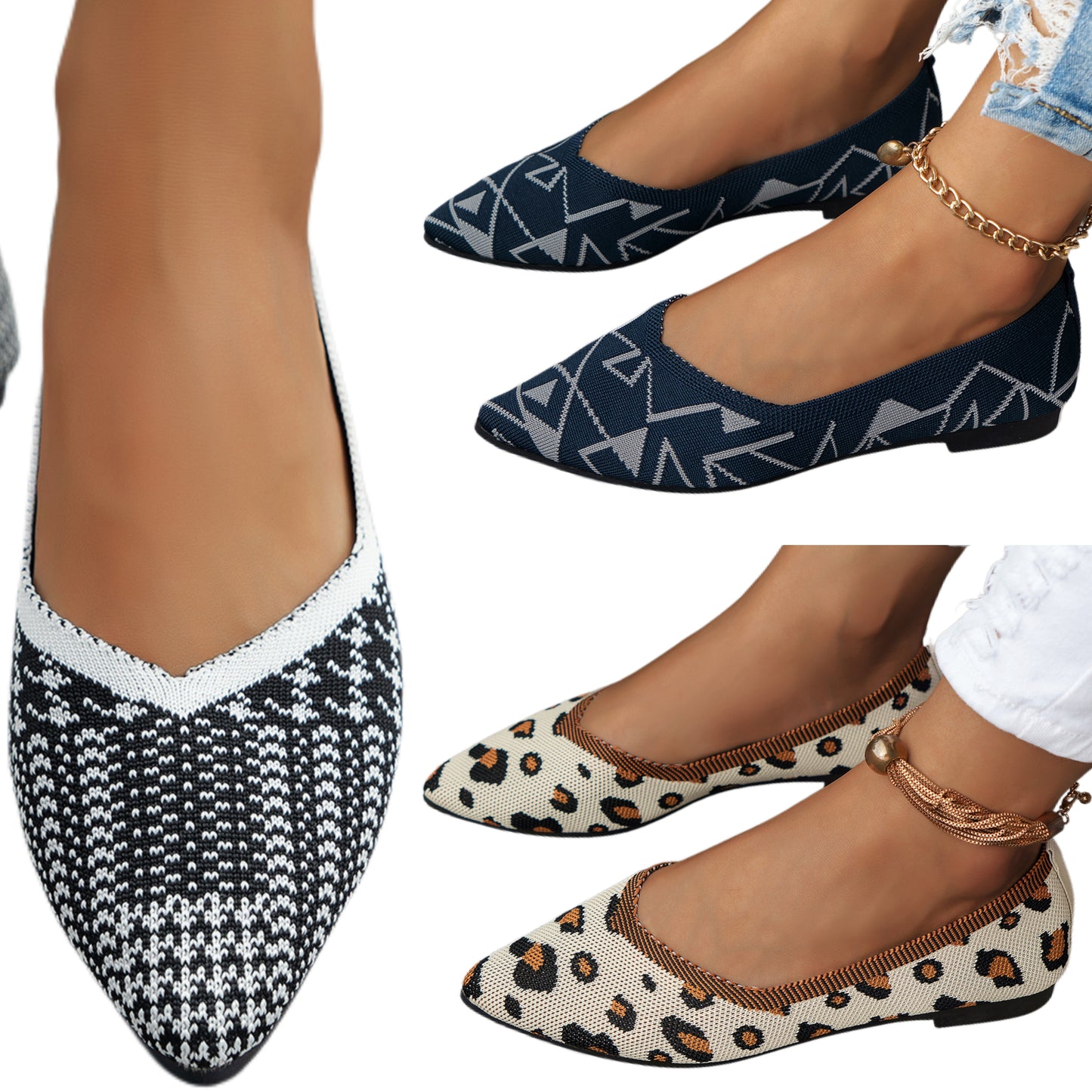 Pointed Toe Mesh Knit Contrasting Print Ballet Flat Casual Loafer Slip-on Shoes