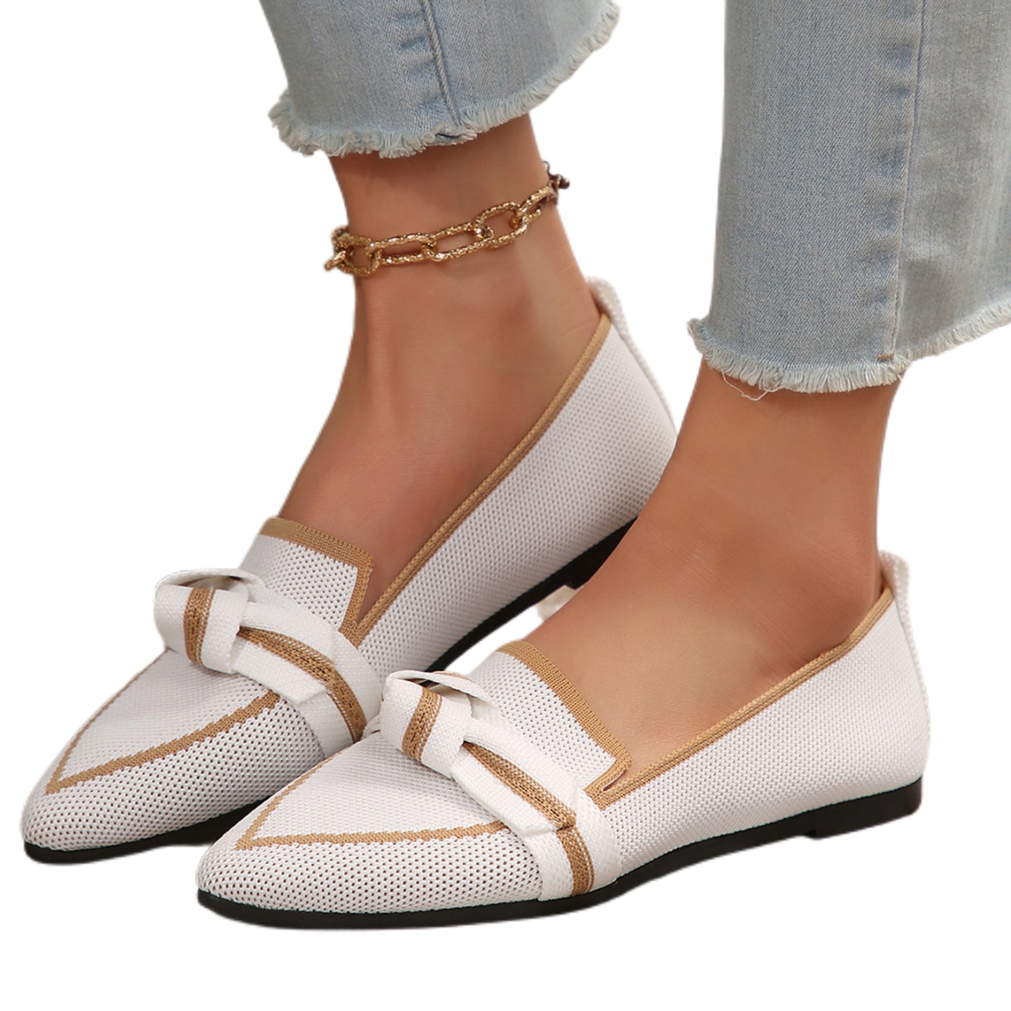 Pointed Bow Top Knit Contrasting Stripe Ballet Flat Casual Loafer Slip-on Shoes
