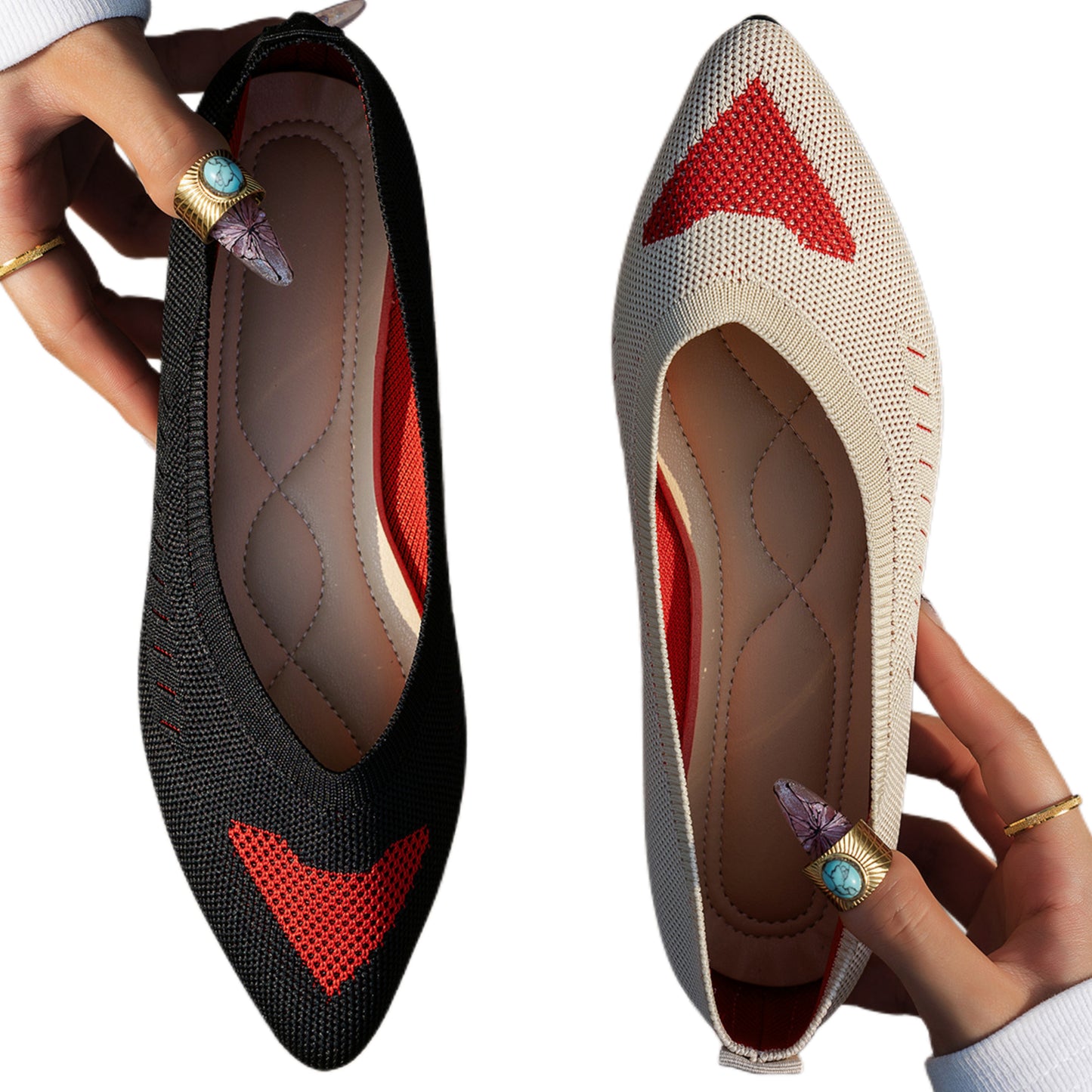 Pointed Toe Mesh Knit Contrasting Print Ballet Flat Casual Loafer Slip-on Shoes
