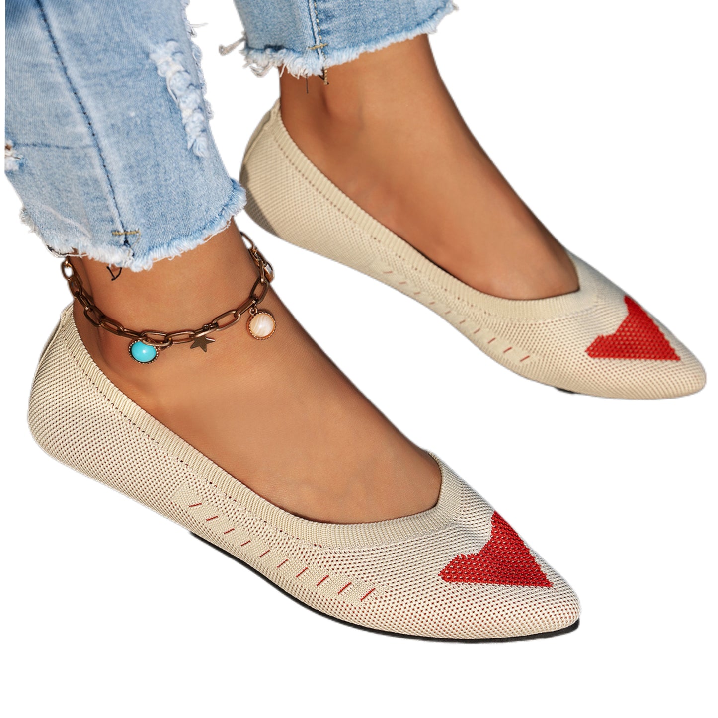 Pointed Toe Mesh Knit Contrasting Print Ballet Flat Casual Loafer Slip-on Shoes