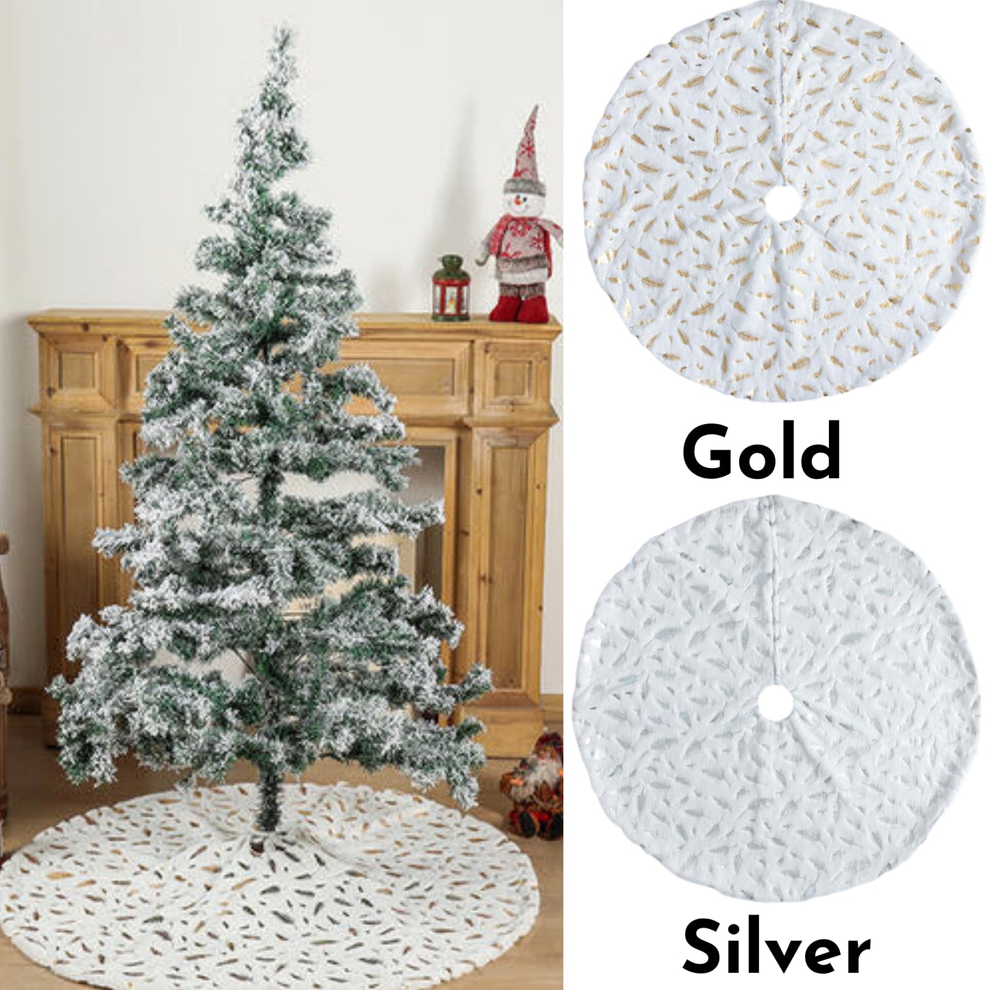 Feather Print Christmas Tree Skirt White Metallic Gold or Silver 47.4"