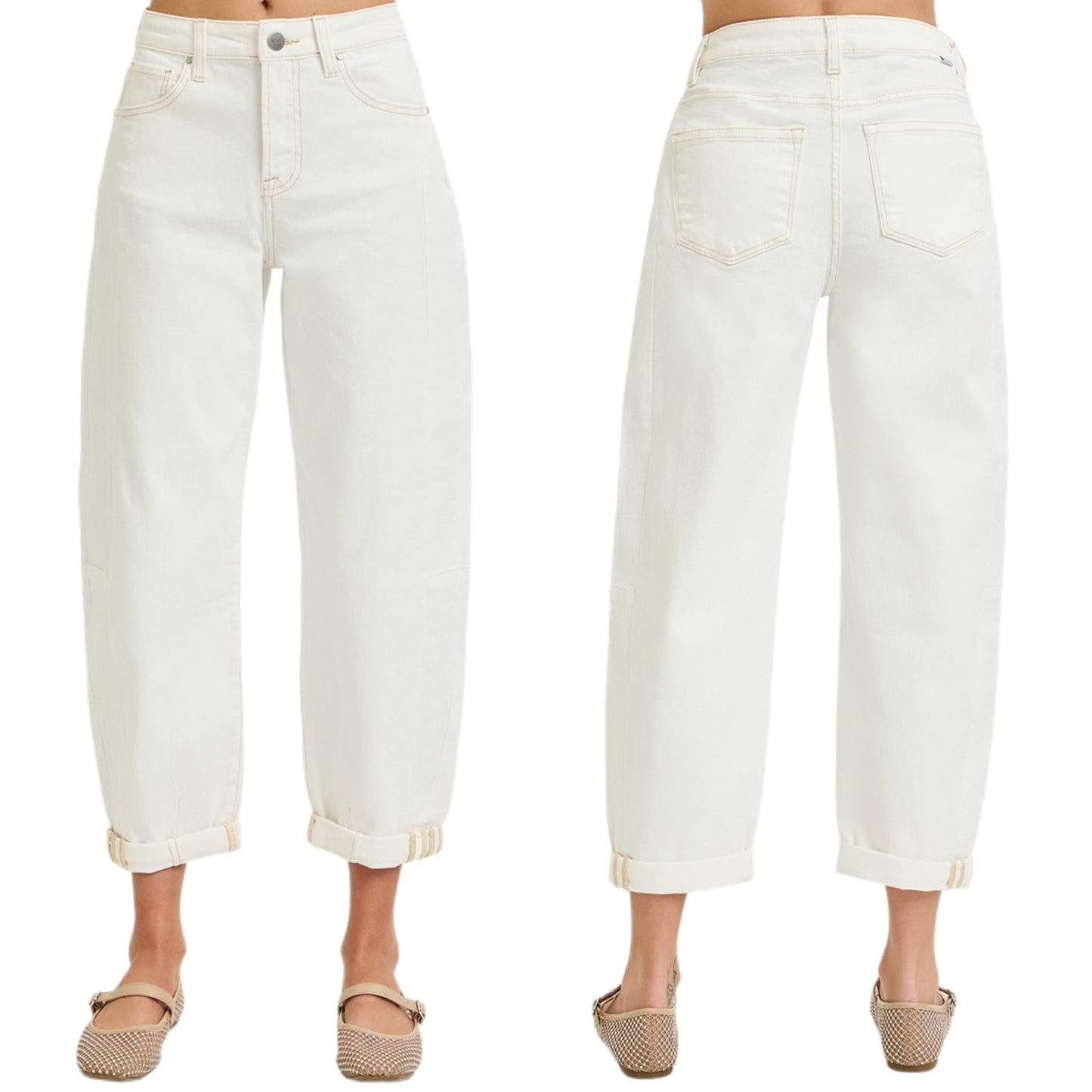 RISEN Barrel Jeans High-rise Tapered Cuffed Palazzo Cropped Hem Denim Pants Plus Size Available Cream