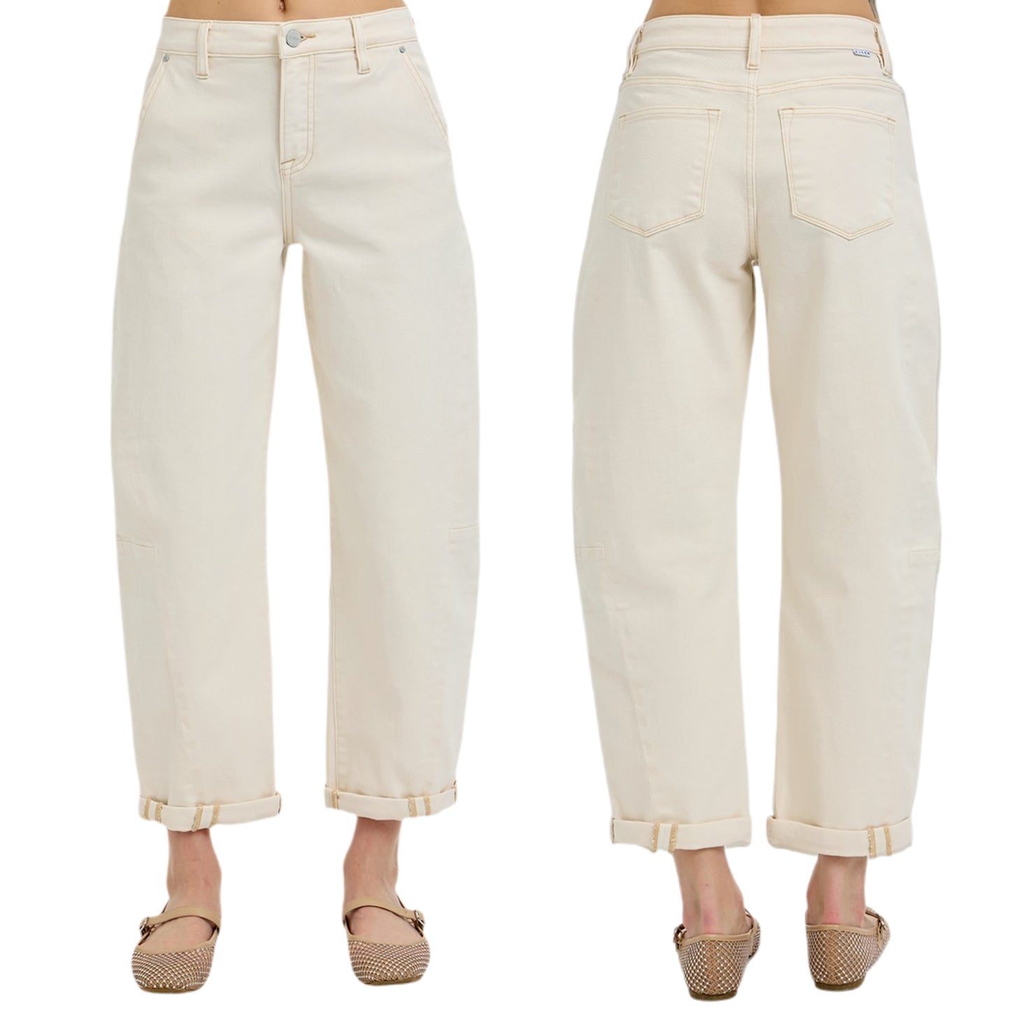 RISEN Barrel Jeans High-rise Tapered Cuffed Palazzo Cropped Hem Denim Pants Ivory