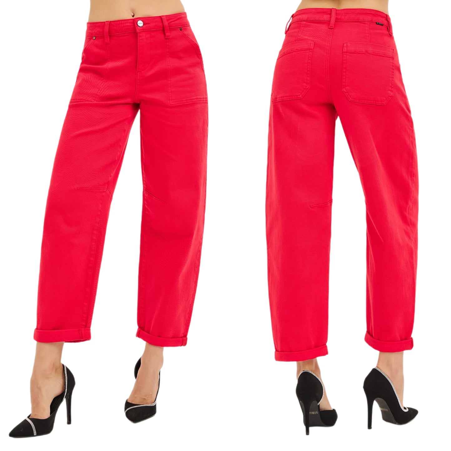 RISEN Barrel Jeans High-rise Tapered Cuffed Palazzo Cropped Hem Denim Pants Red