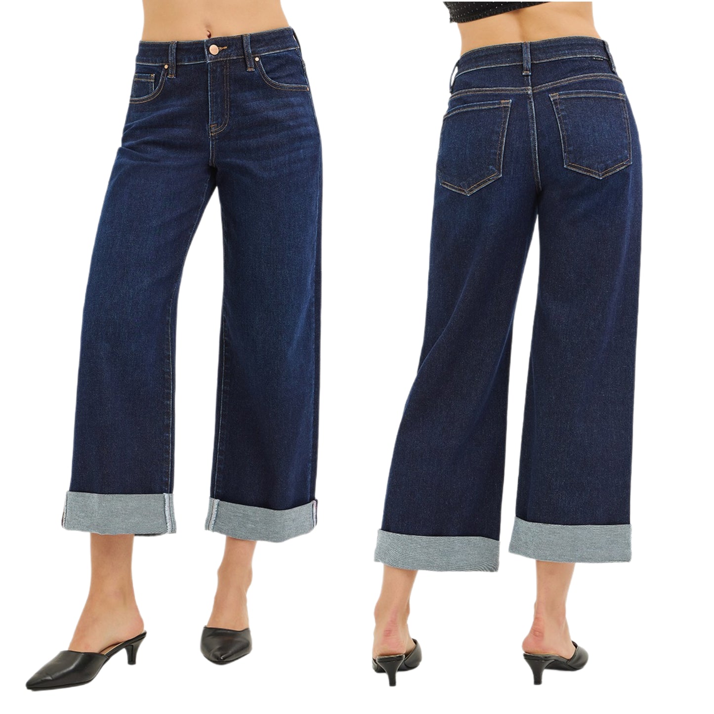 RISEN Mid-Rise Wide Leg Jeans Roll-up Cuffed Ankle Hem Boyfriend Fit Denim Pants