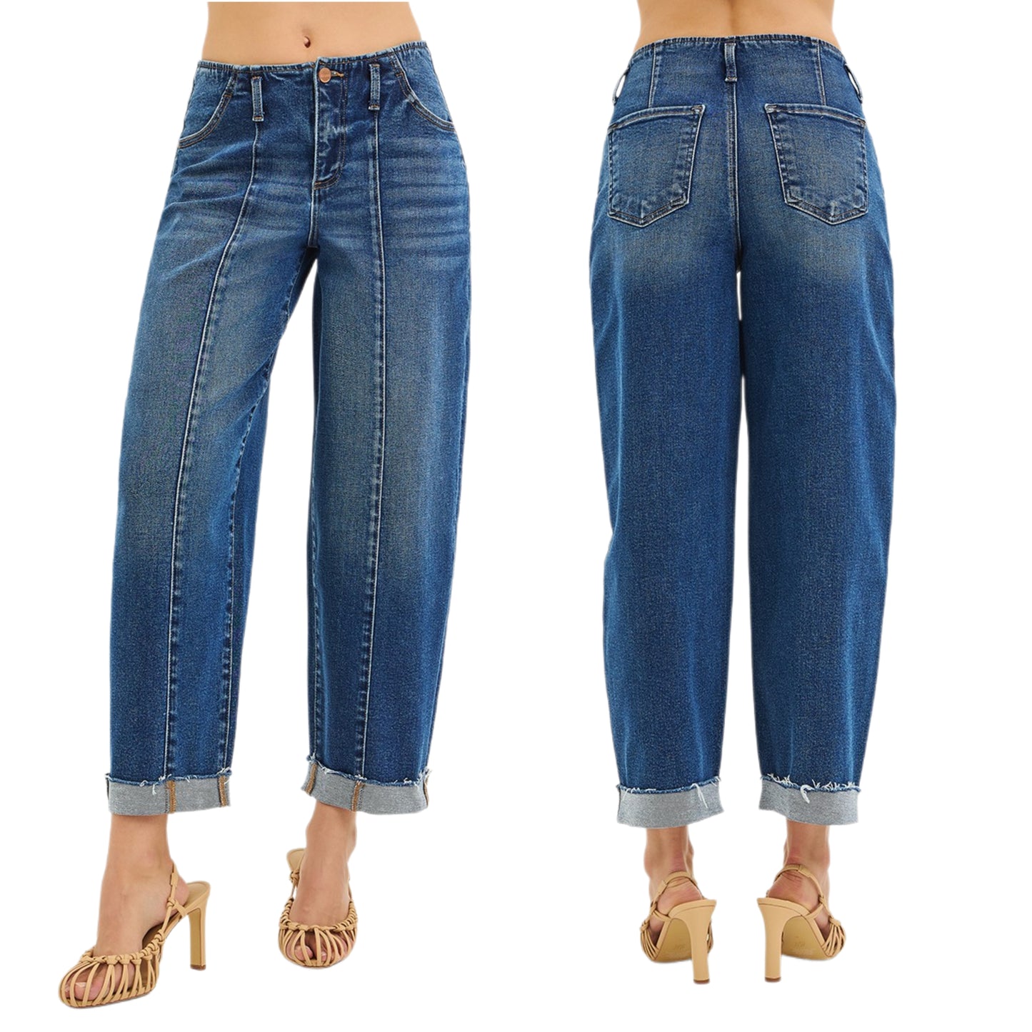 RISEN Barrel Jeans High-rise Vertical Seam Wide Leg Tapered Cuff Hem Denim Pants