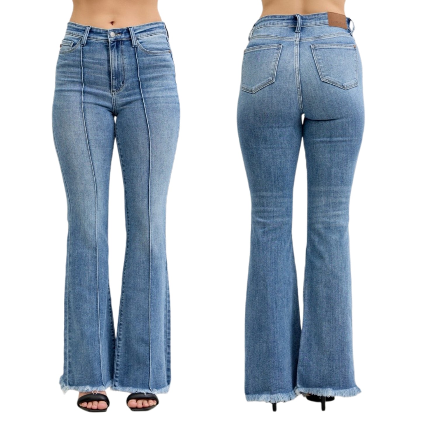 Judy Blue High-Rise Retro Pintuck Seam Slim Pants Flare Leg Raw Hem Denim Jeans