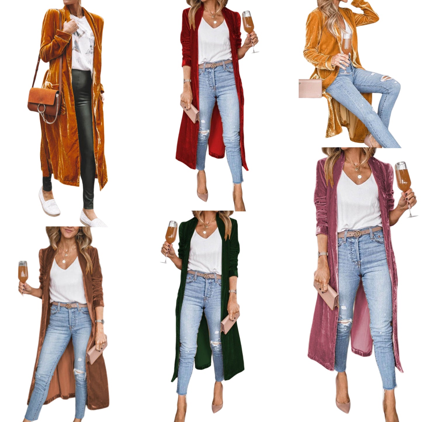 Retro Velour 70s Longline Open Front Pocket Cardigan Split Hem Sweater Duster Jacket