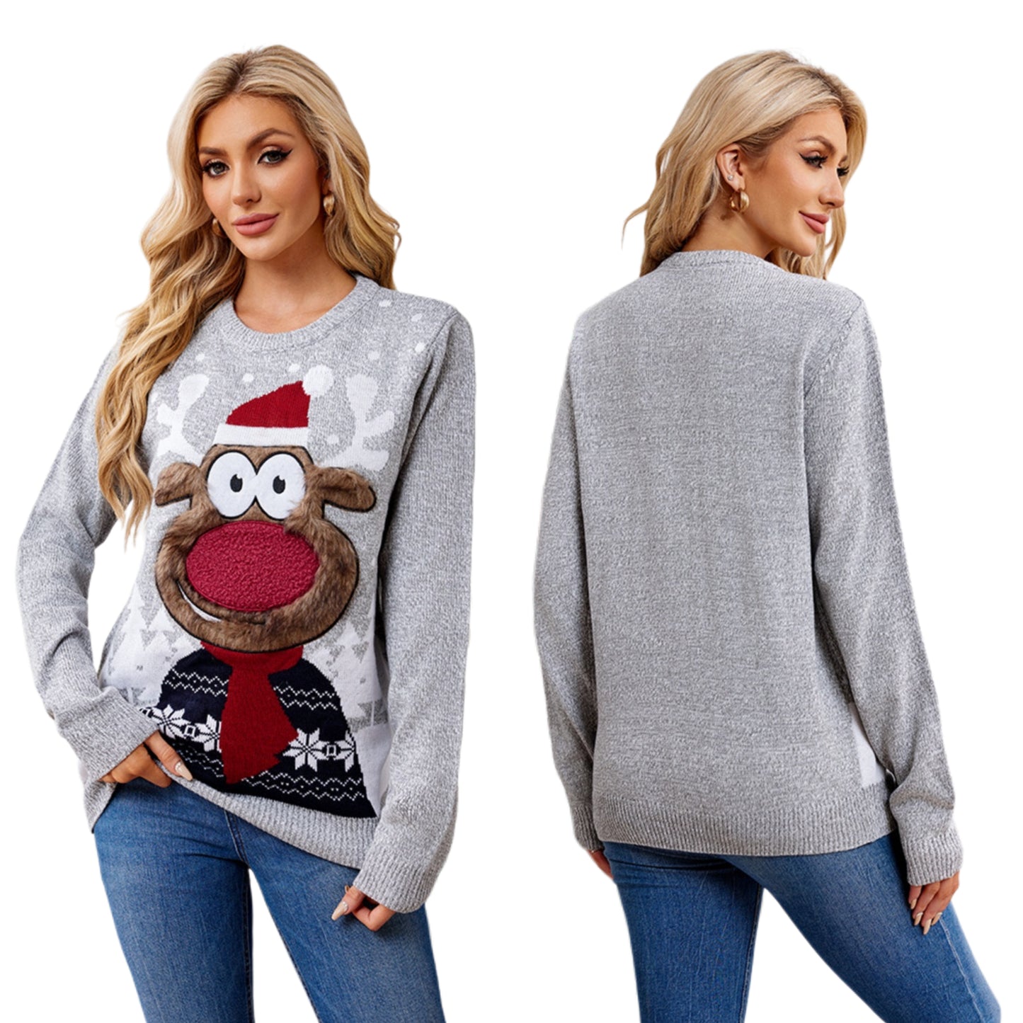 Fluffy Reindeer Fuzzy 3D Detail Round Neck Top Long Sleeve Holiday Knit Sweater