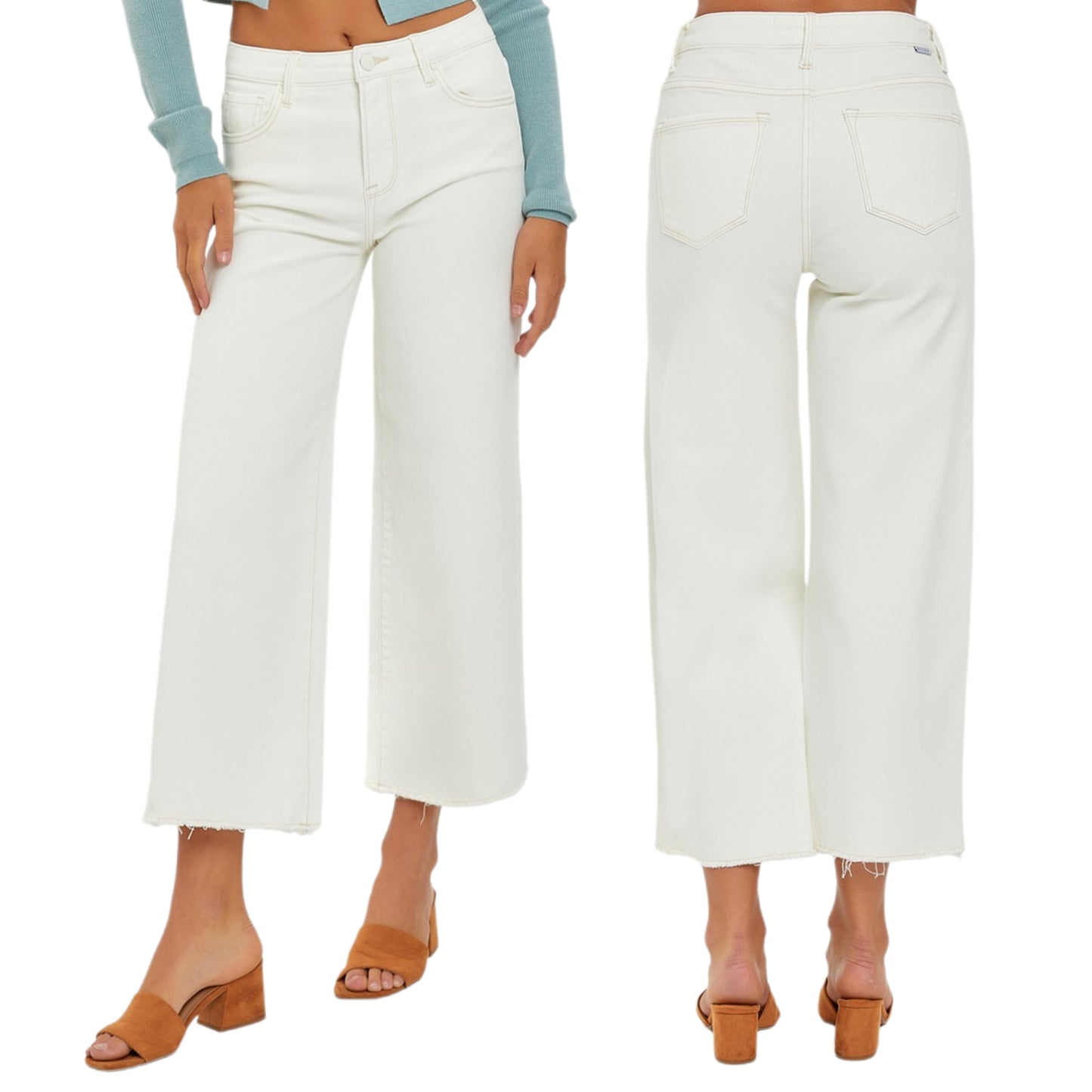 RISEN Tummy Control High-Rise Boyfriend Wide Leg Cropped Raw Hem Jeans Denim Pants Plus Size Available