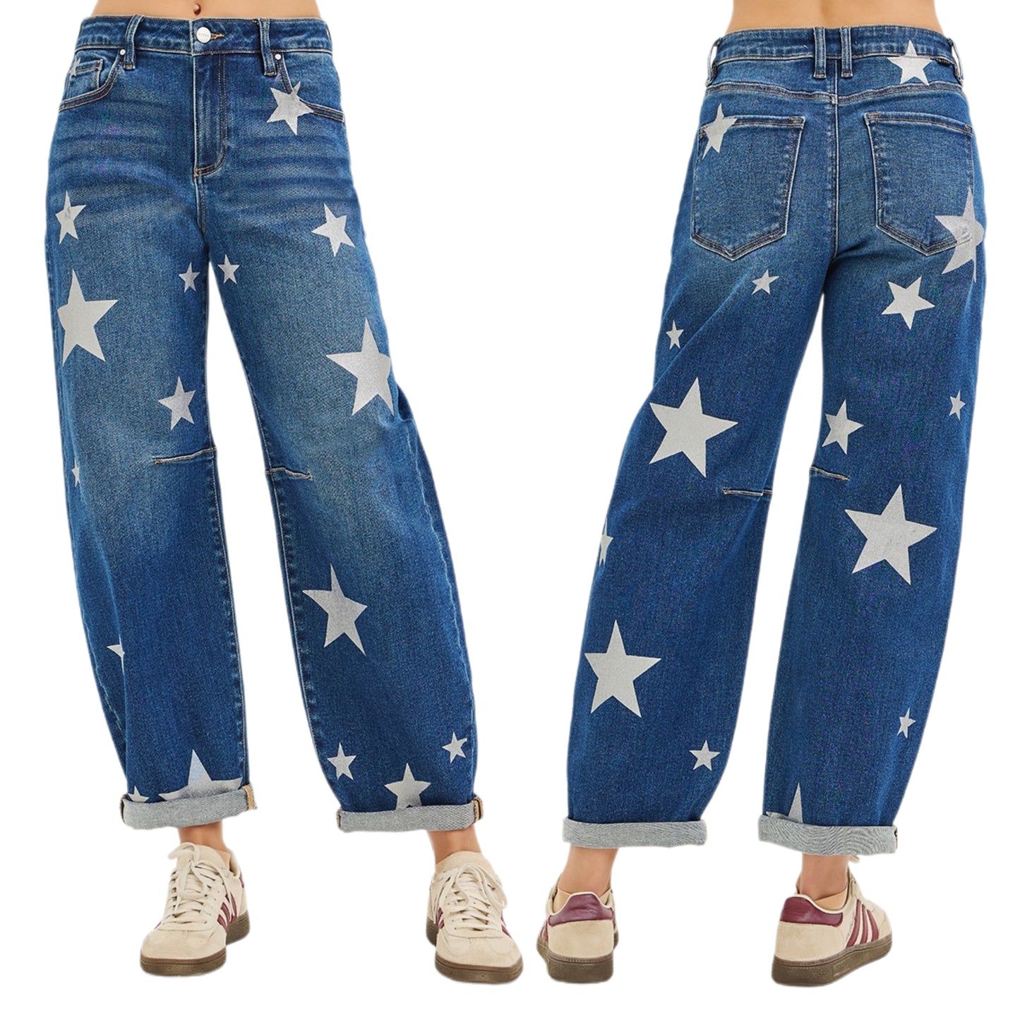 RISEN Baggy Barrel Jeans Mid-Rise Tapered Wide Leg Rolled Hem Ankle Denim Pants