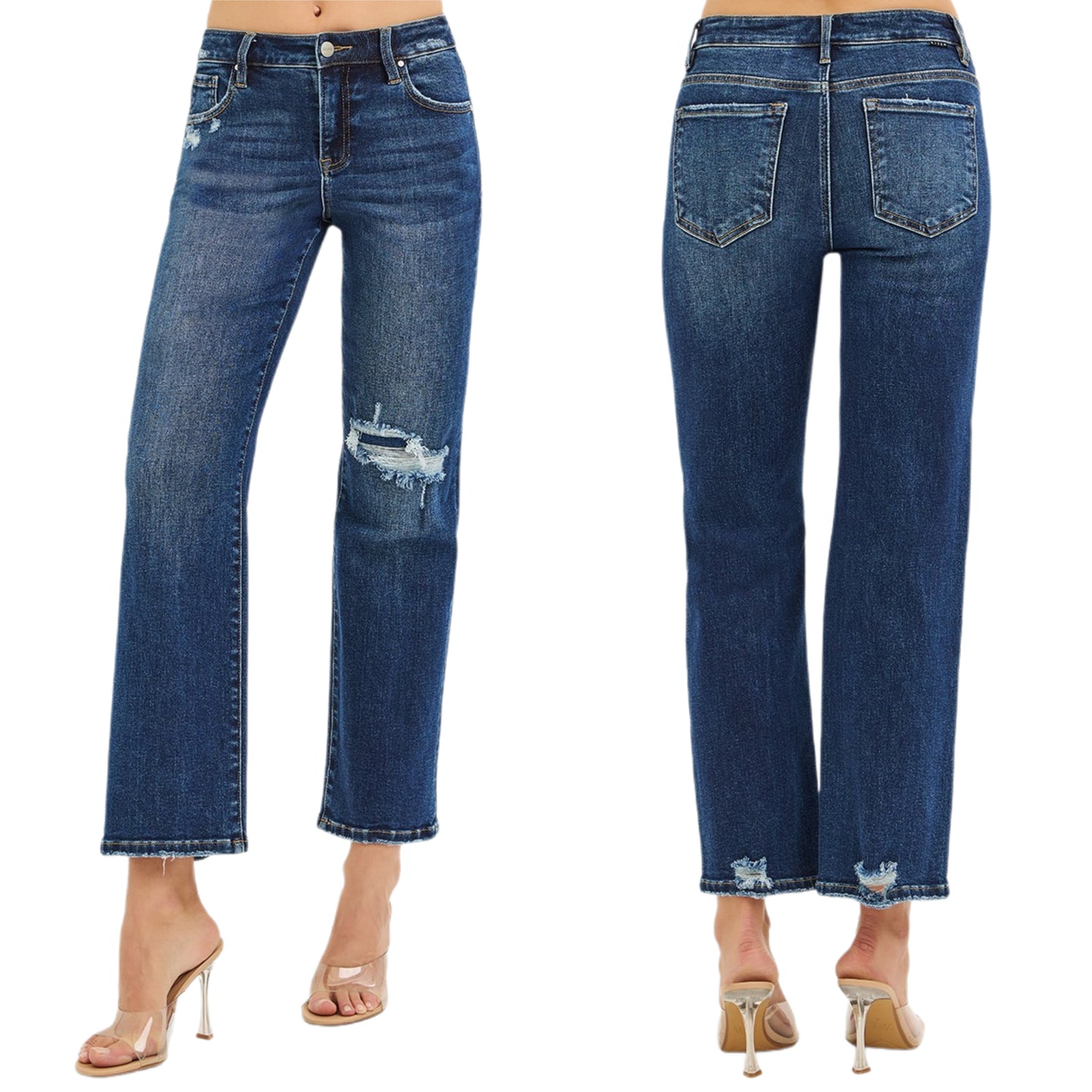 RISEN High-Rise Waist Distressed Patch Knee Straight Leg Pants Ankle Denim Jeans