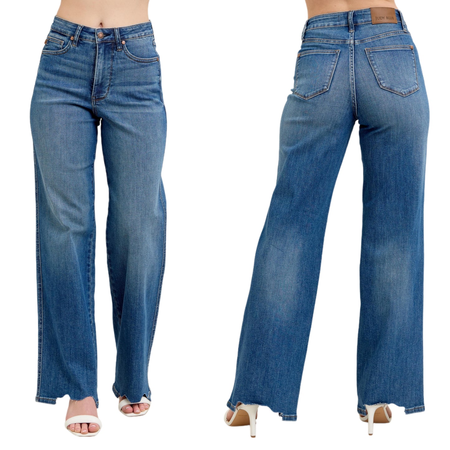 Judy Blue High-Rise Tummy Control Pants Baggy Wide Leg Cut Raw Hem Denim Jeans Plus Size Available