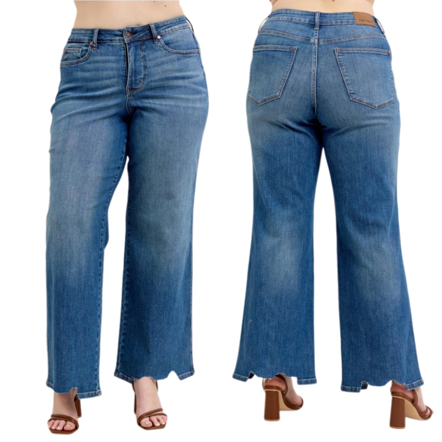Judy Blue High-Rise Tummy Control Pants Baggy Wide Leg Cut Raw Hem Denim Jeans Plus Size Available