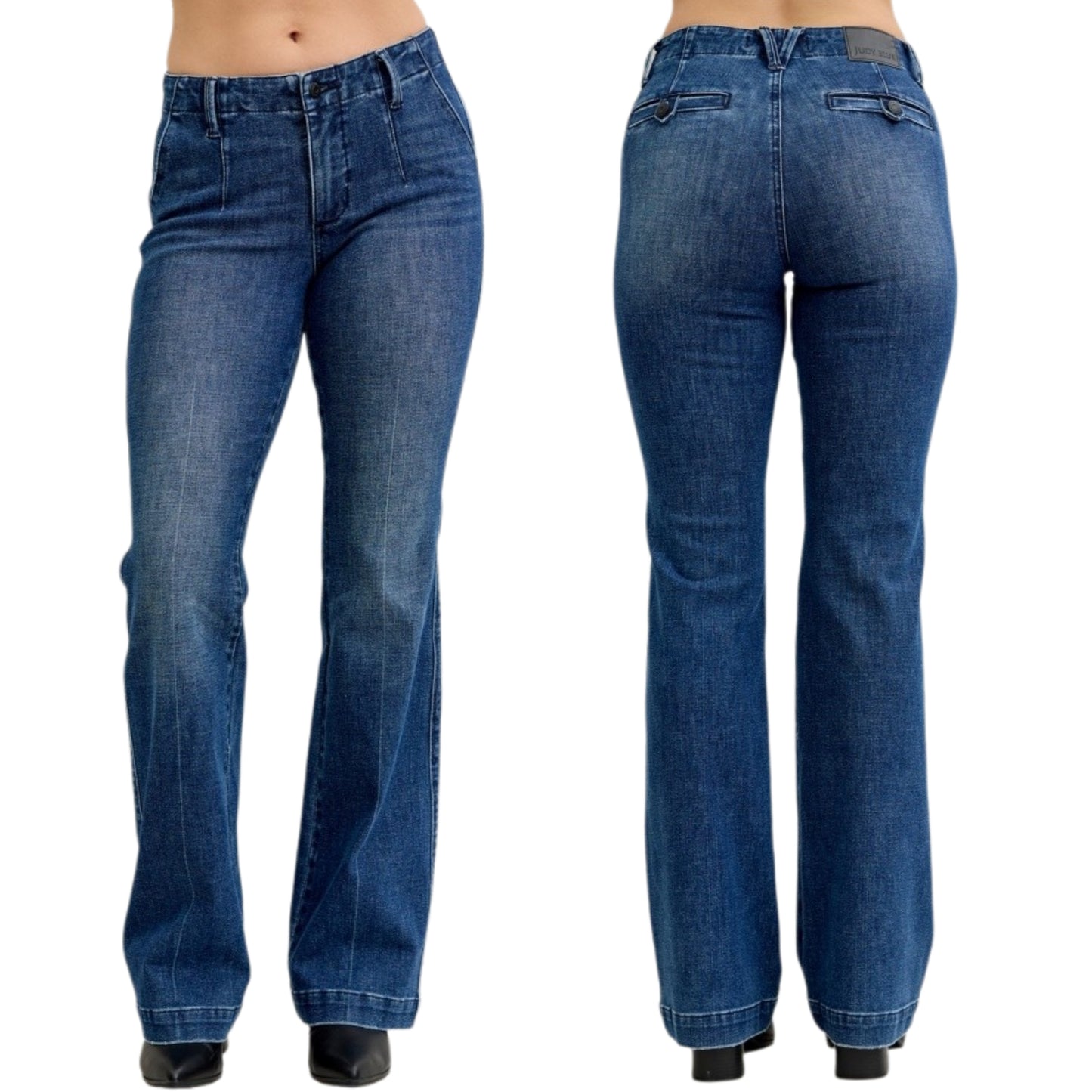 Judy Blue Mid-Rise Slim Fit Flat Front Pants Welt Pockets Denim Bootcut Jeans Plus Size Available