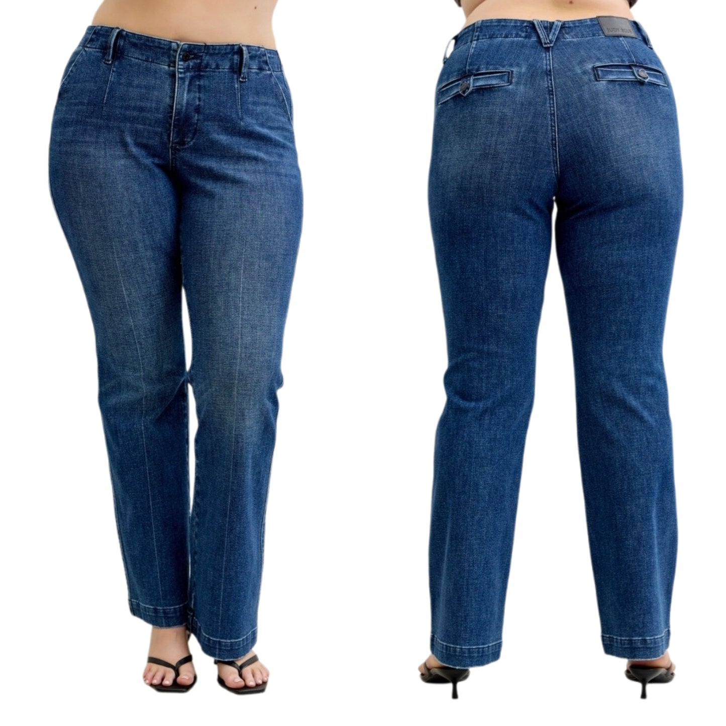 Judy Blue Mid-Rise Slim Fit Flat Front Pants Welt Pockets Denim Bootcut Jeans Plus Size Available