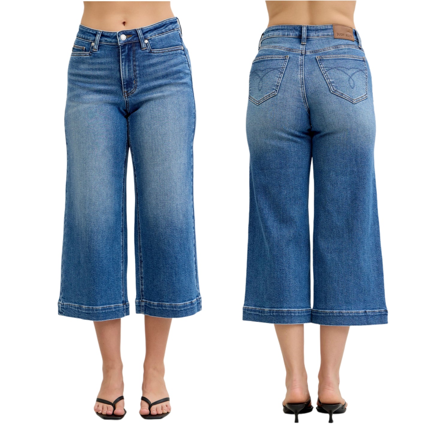 Judy Blue Mid-Rise Waist Slim Fit Jeans Baggy Wide Leg Cropped Hem Denim Pants