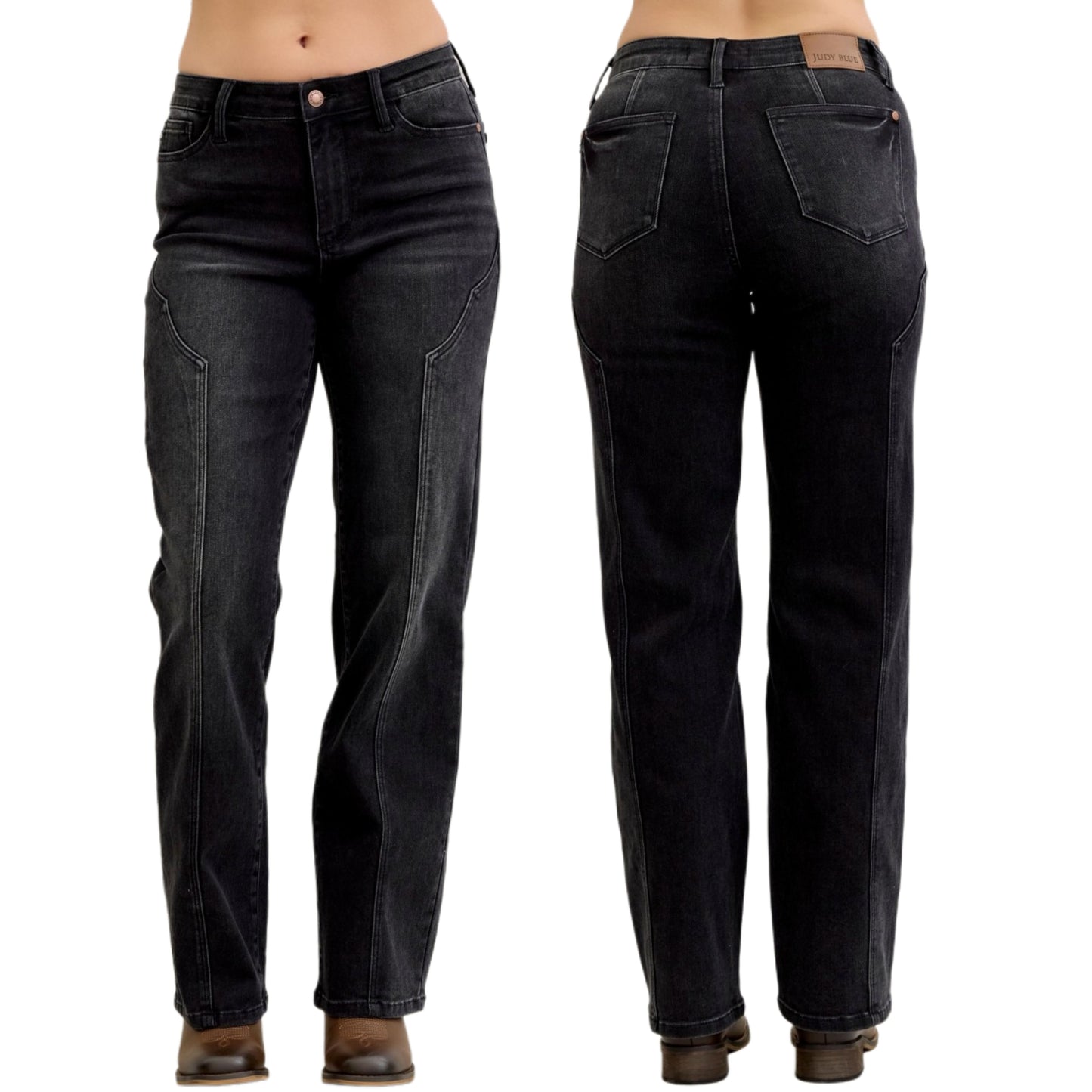 Judy Blue Mid-Rise Waist Western Seam Slim Fit Jeans Straight Leg Denim Pants