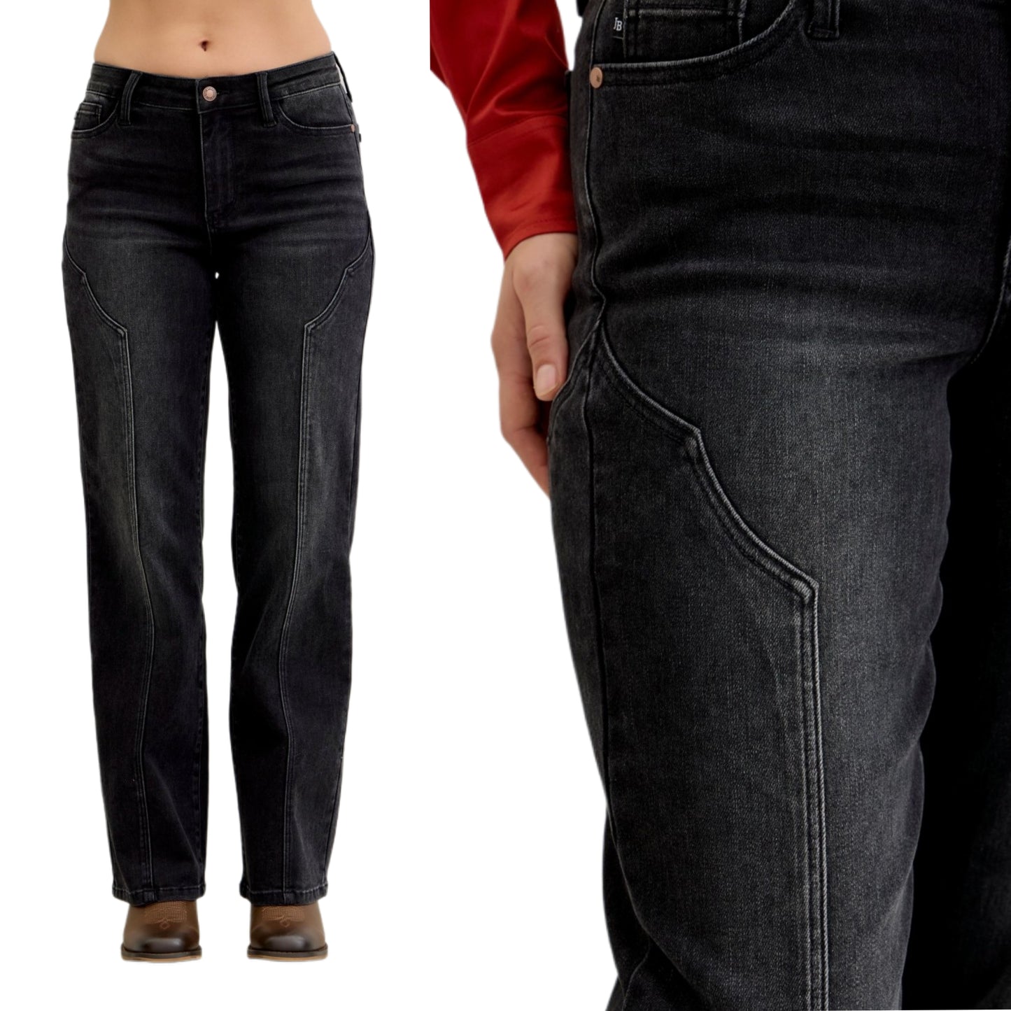 Judy Blue Mid-Rise Waist Western Seam Slim Fit Jeans Straight Leg Denim Pants