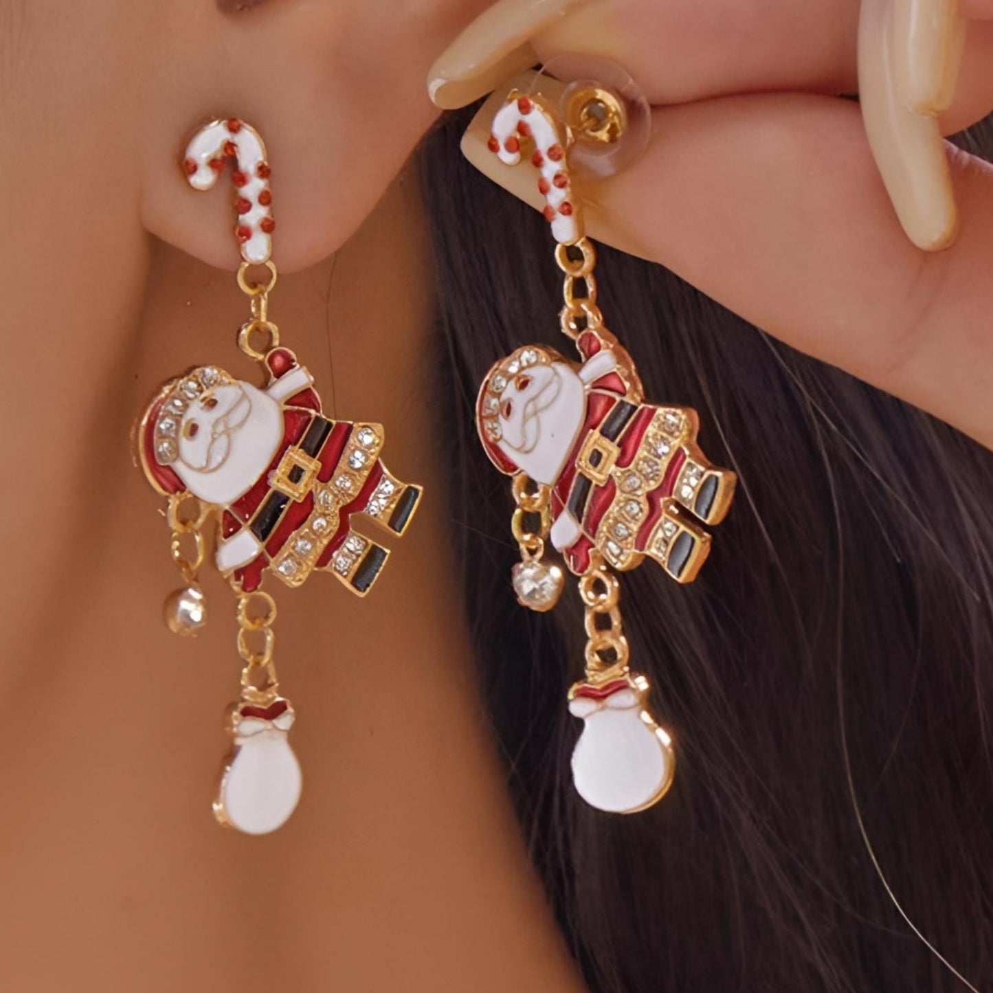 Festive Santa Candy Cane Post Dangle Earrings 18K Gold-Plated Christmas Jewelry