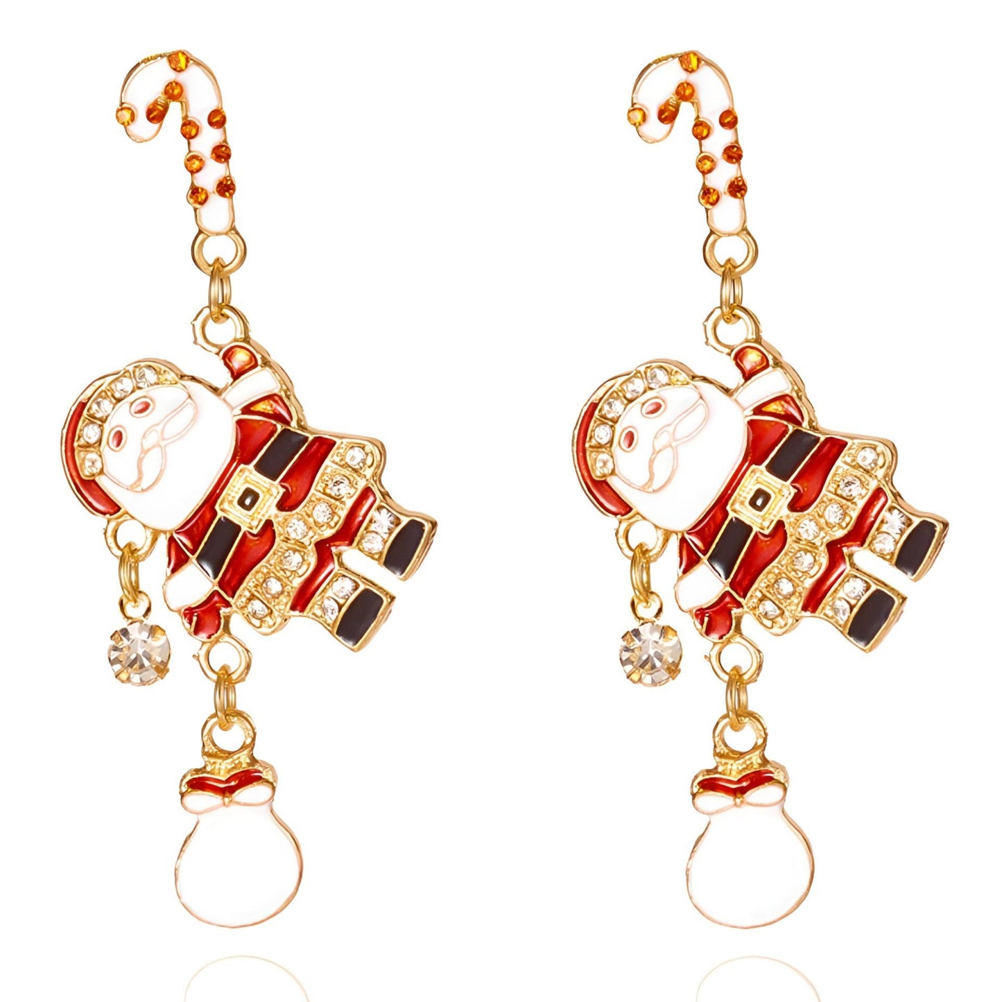 Festive Santa Candy Cane Post Dangle Earrings 18K Gold-Plated Christmas Jewelry
