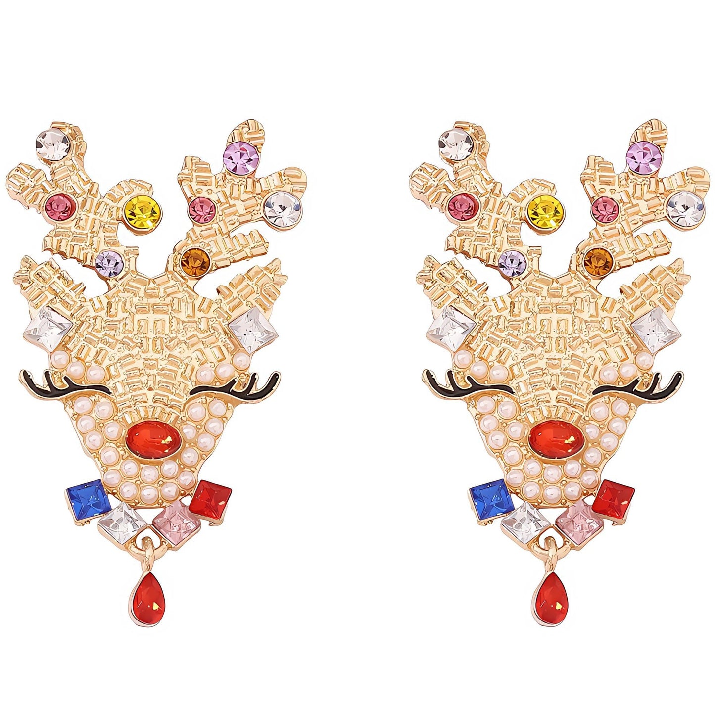 18K Gold-Plated Reindeer Crystal Rhinestone Jewel Statement Earrings Holiday Christmas Jewelry
