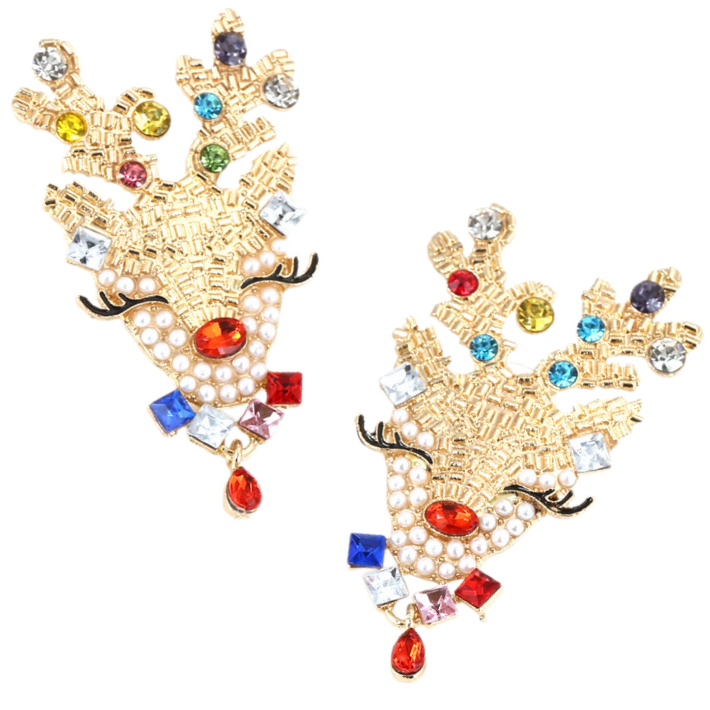 18K Gold-Plated Reindeer Crystal Rhinestone Jewel Statement Earrings Holiday Christmas Jewelry