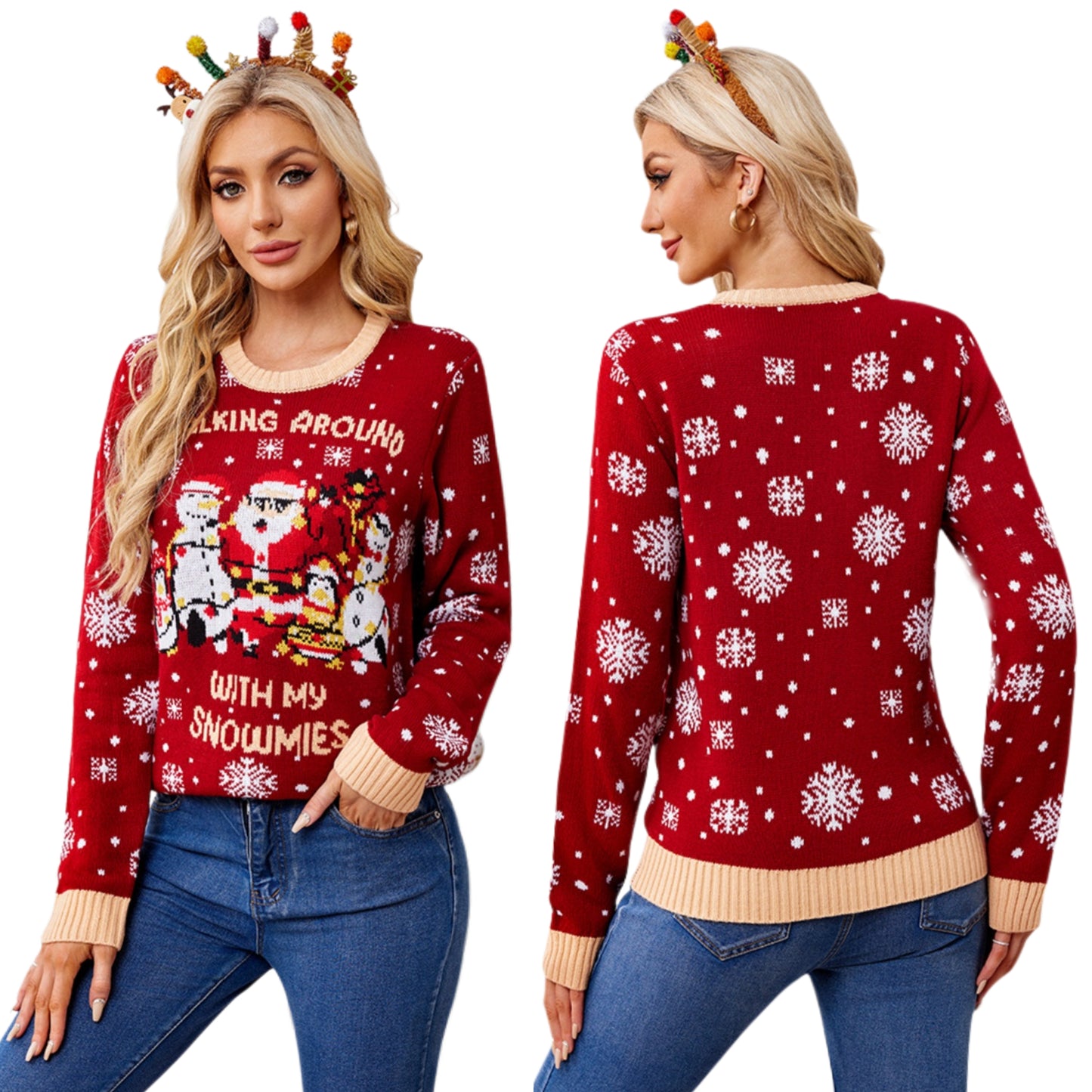 Walking Around With My Snowmies Top Christmas Santa Snowman Women's Knit Sweater