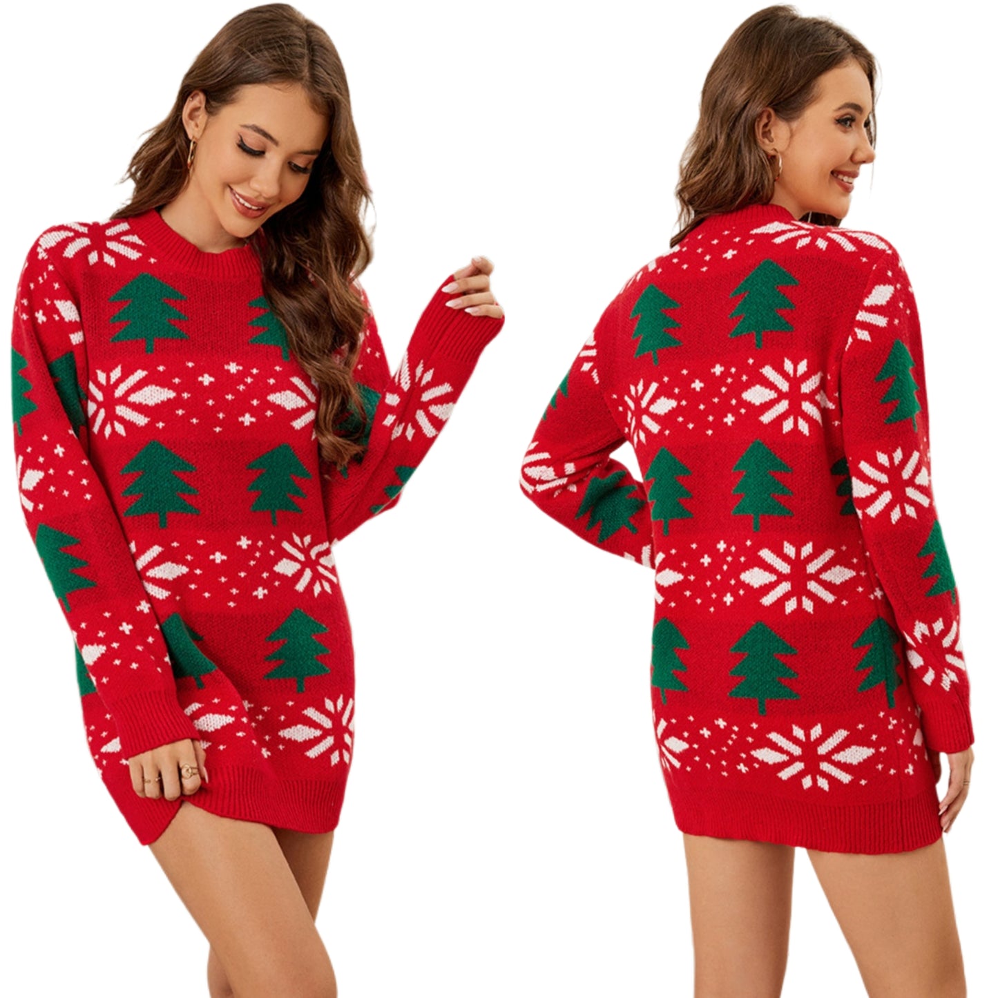 Festive Christmas Tree Snowflake Knit Mini Sweater Dress Holiday Long Sleeve