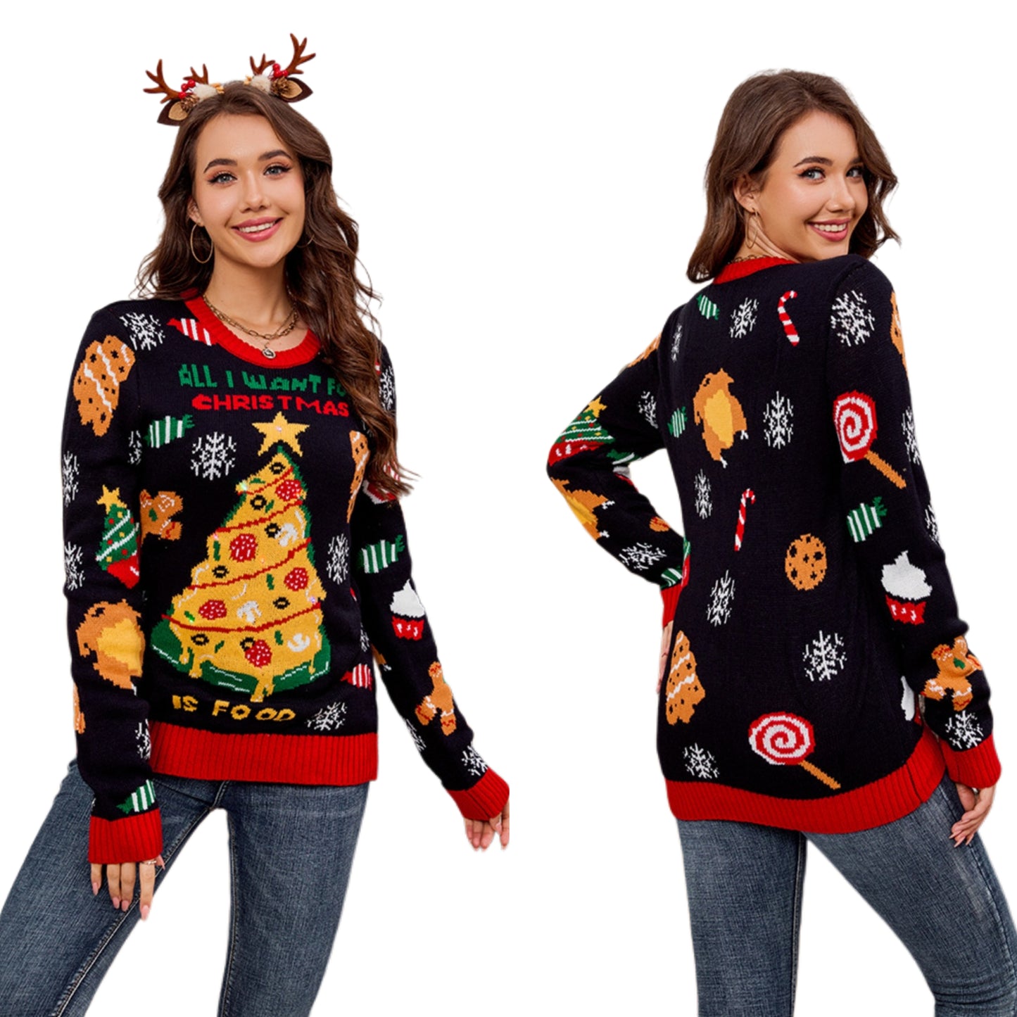 All I Want for Christmas Is Food Holiday Knit Sweater Shirt Long Sleeve Pullover Top