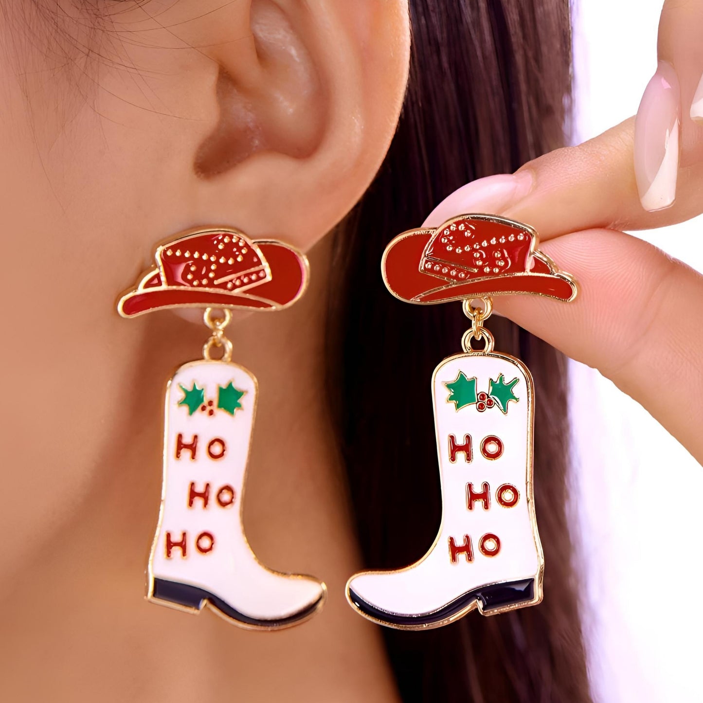 Cowboy Boot Ho Ho Ho Christmas Dangle Earrings Festive Western Cowgirl Jewelry