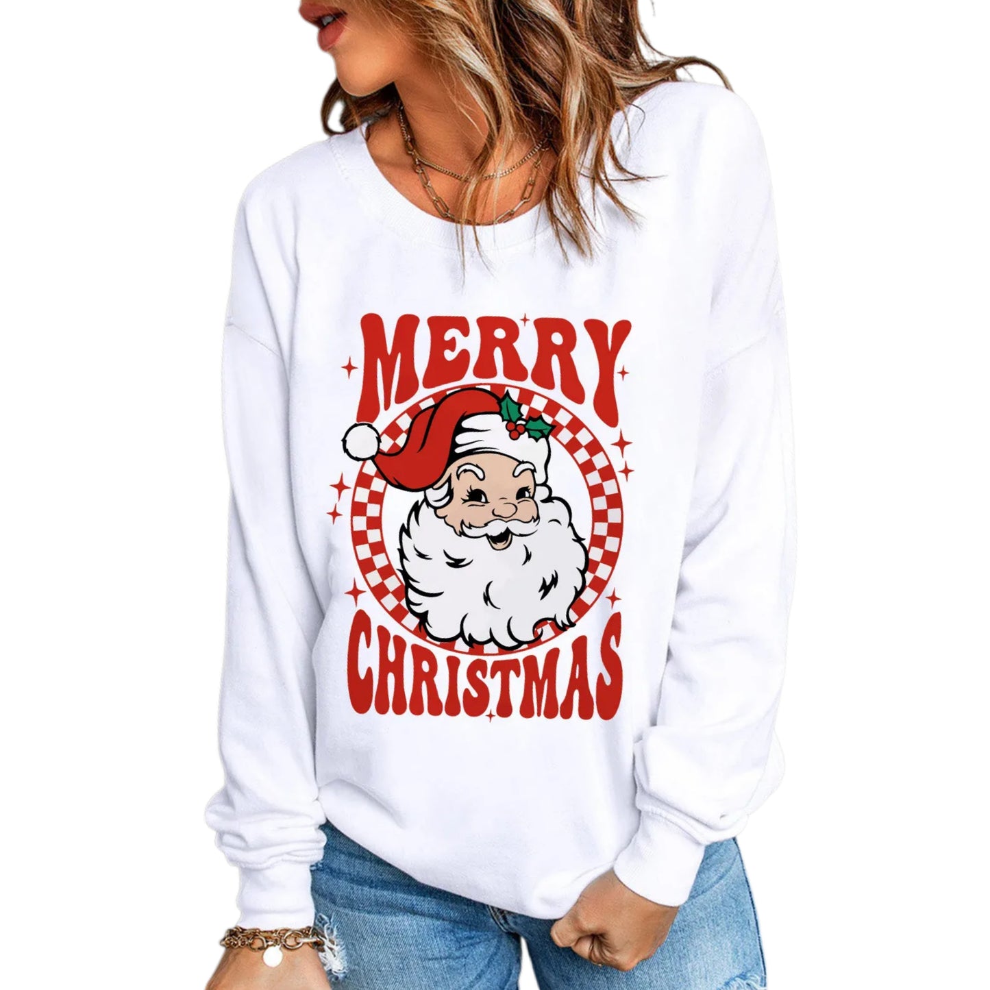 Retro Santa Merry Christmas Graphic Sweatshirt Holiday Sweater Shirt Top