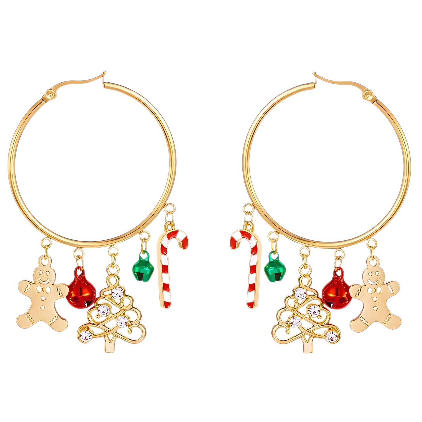 18K Gold Christmas Charm Hoop Earrings Holiday Dangle Festive Rhinestone Jewelry