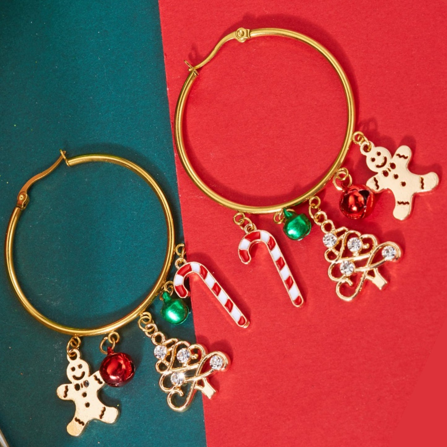 18K Gold Christmas Charm Hoop Earrings Holiday Dangle Festive Rhinestone Jewelry
