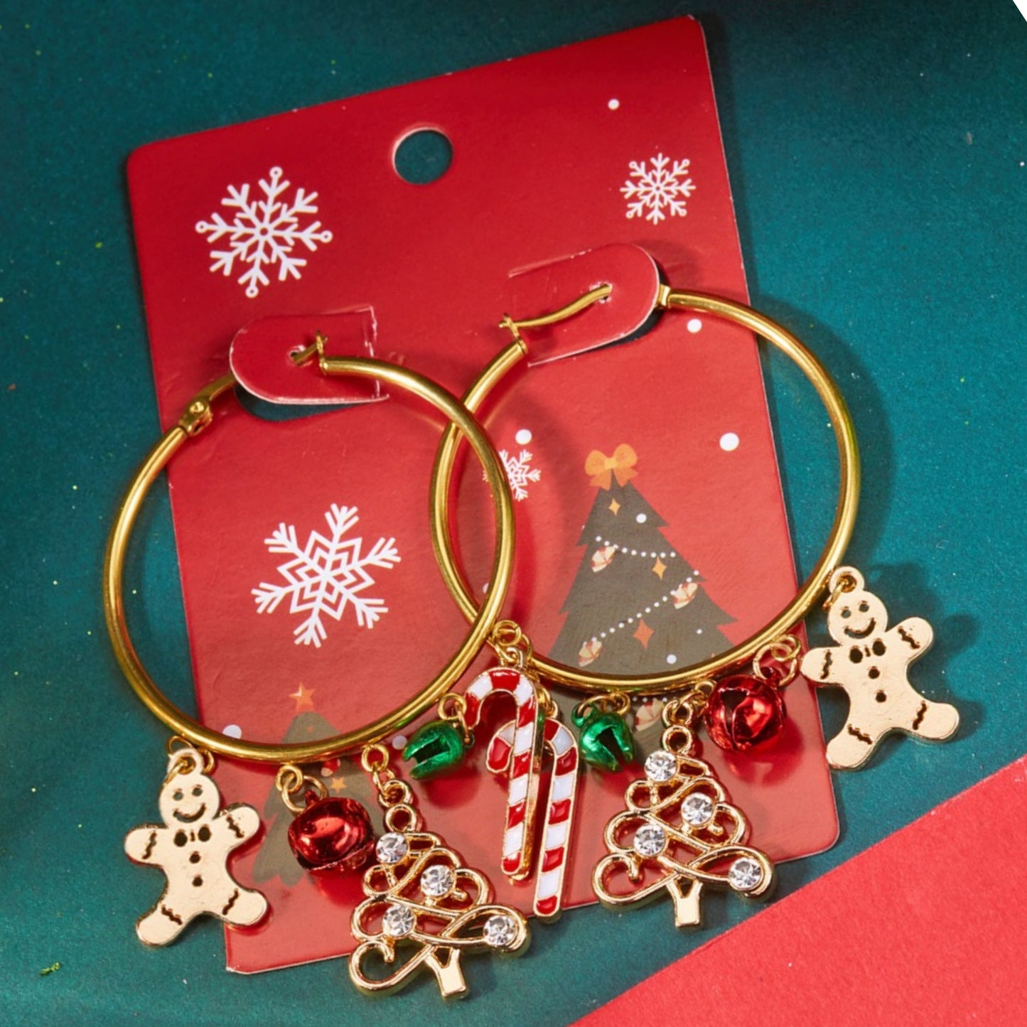 18K Gold Christmas Charm Hoop Earrings Holiday Dangle Festive Rhinestone Jewelry