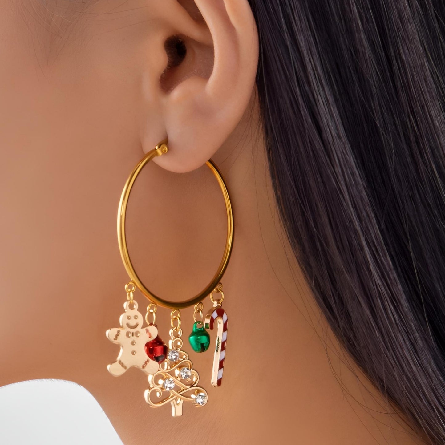 18K Gold Christmas Charm Hoop Earrings Holiday Dangle Festive Rhinestone Jewelry