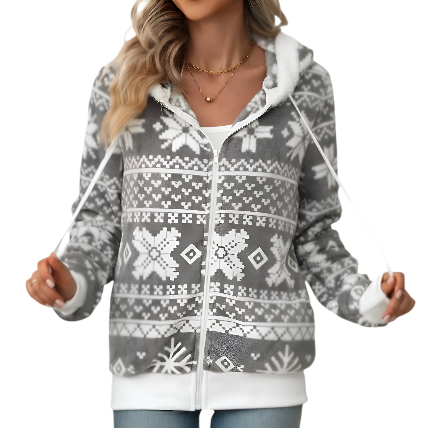 Fair Isle Snowflake Zip-Up Fleece Long Sleeve Drawstring Hoodie Pocket Jacket