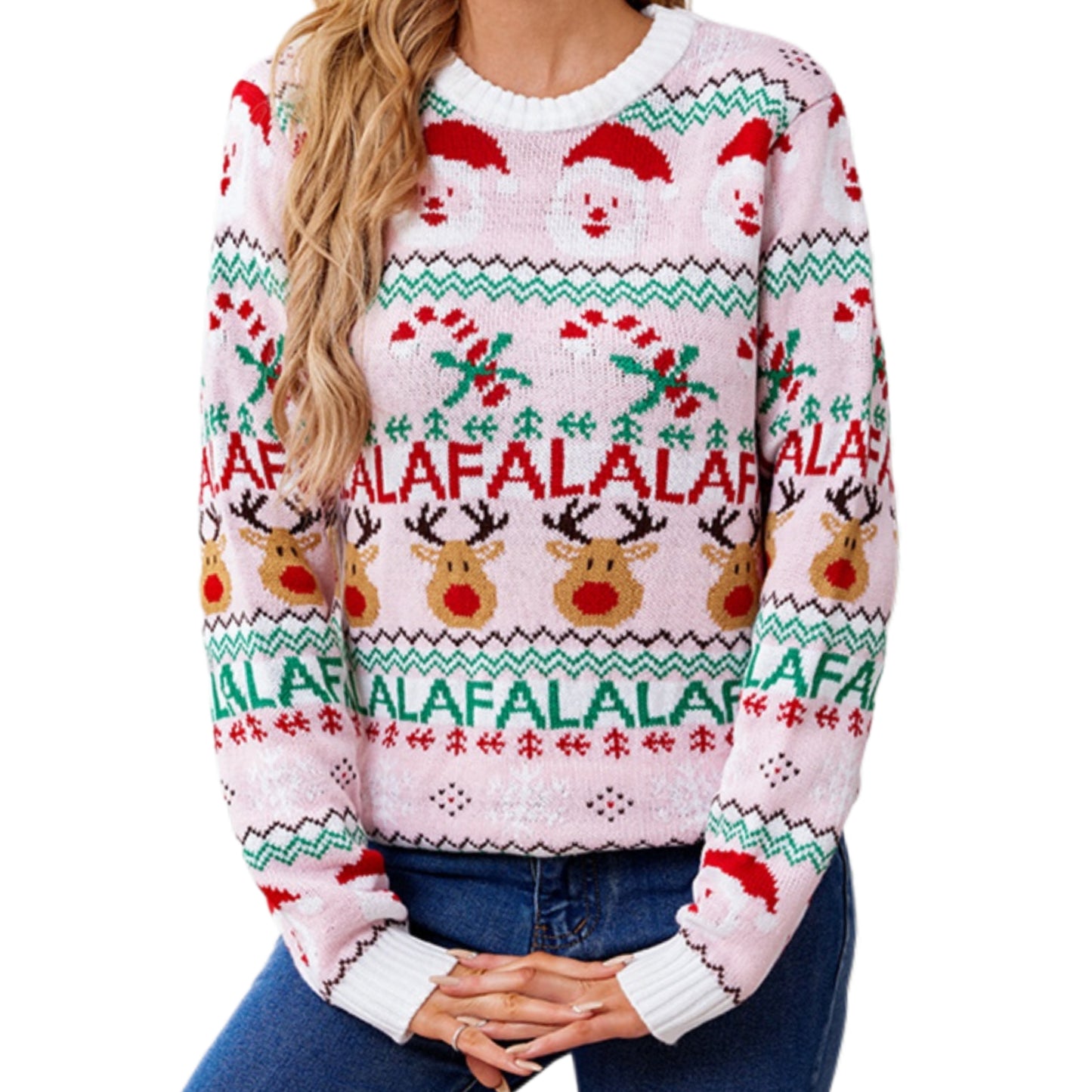 Pink Fa La La Reindeer Santa Christmas Sweater Long Sleeve Holiday Pullover Top