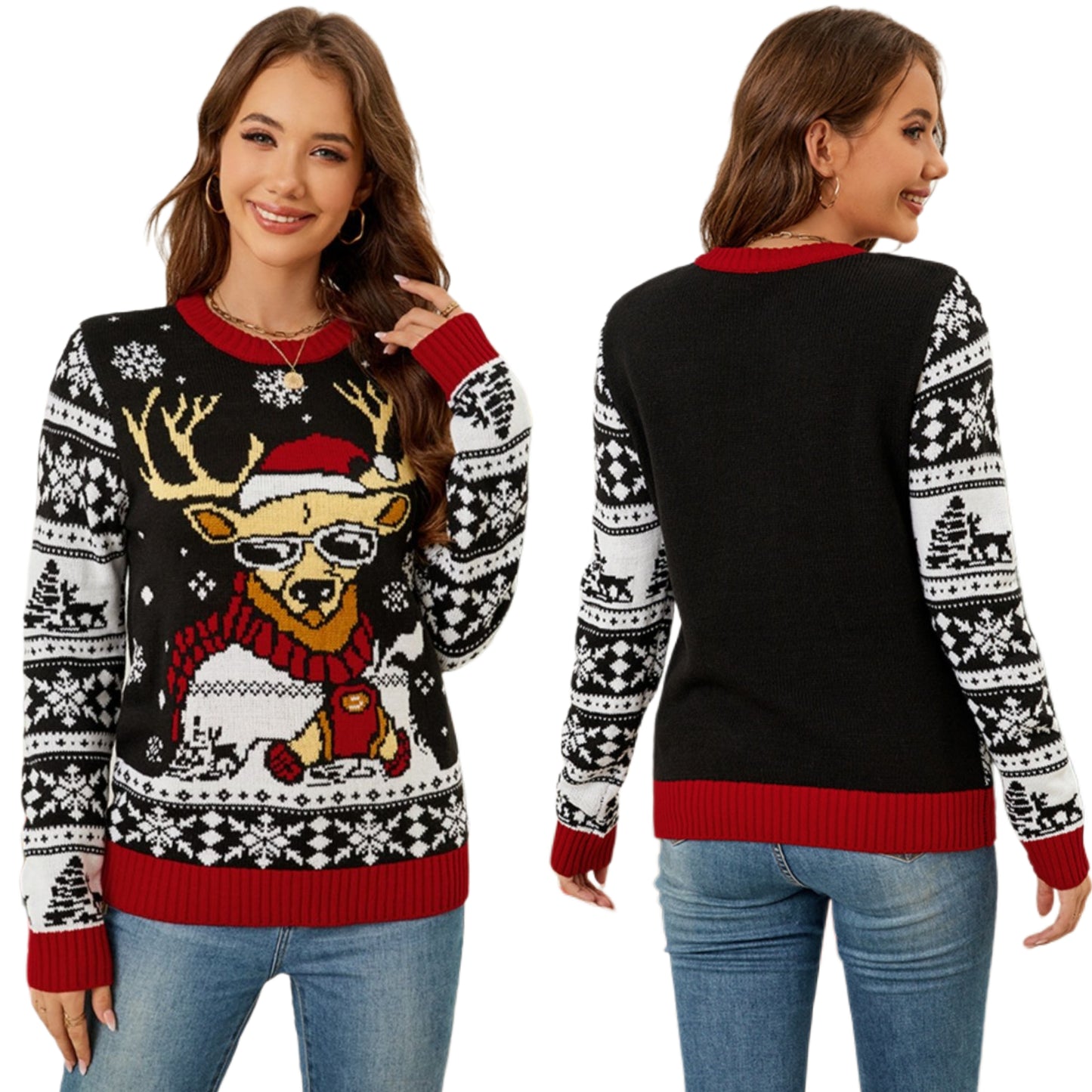 Cool Reindeer Funny Fair Isle Christmas Sweater Long Sleeve Holiday Knit Pullover Top