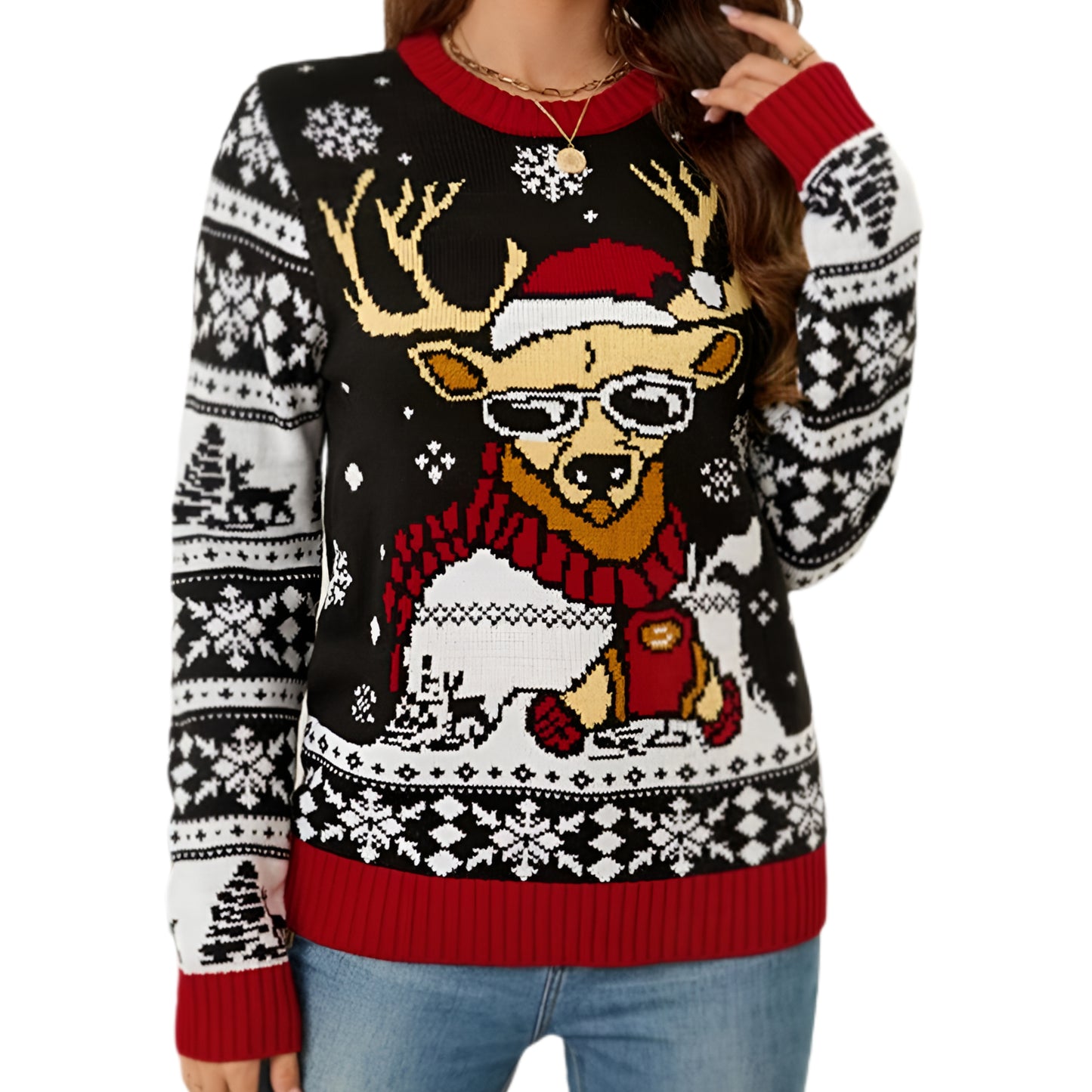 Cool Reindeer Funny Fair Isle Christmas Sweater Long Sleeve Holiday Knit Pullover Top