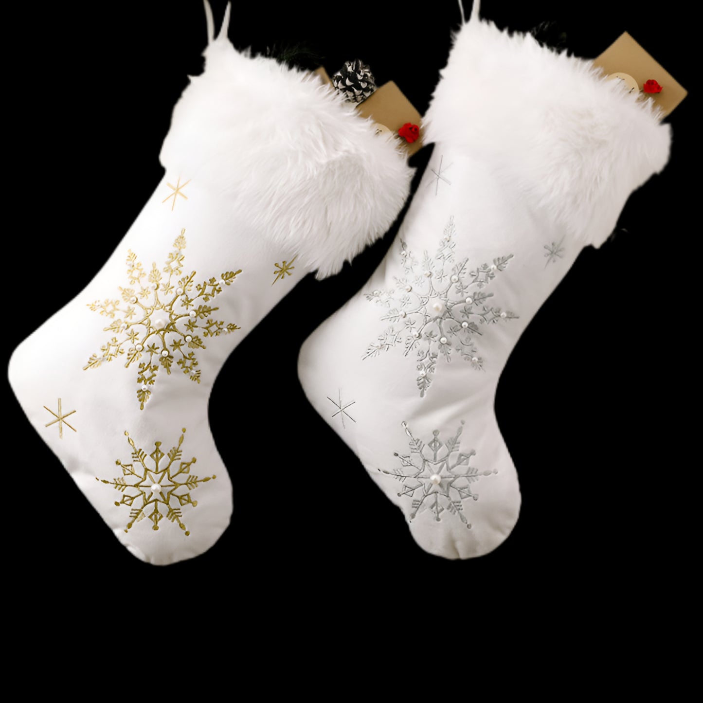 Faux Fur Embroidered Snowflake Beaded Holiday Christmas Stocking Festive Decor