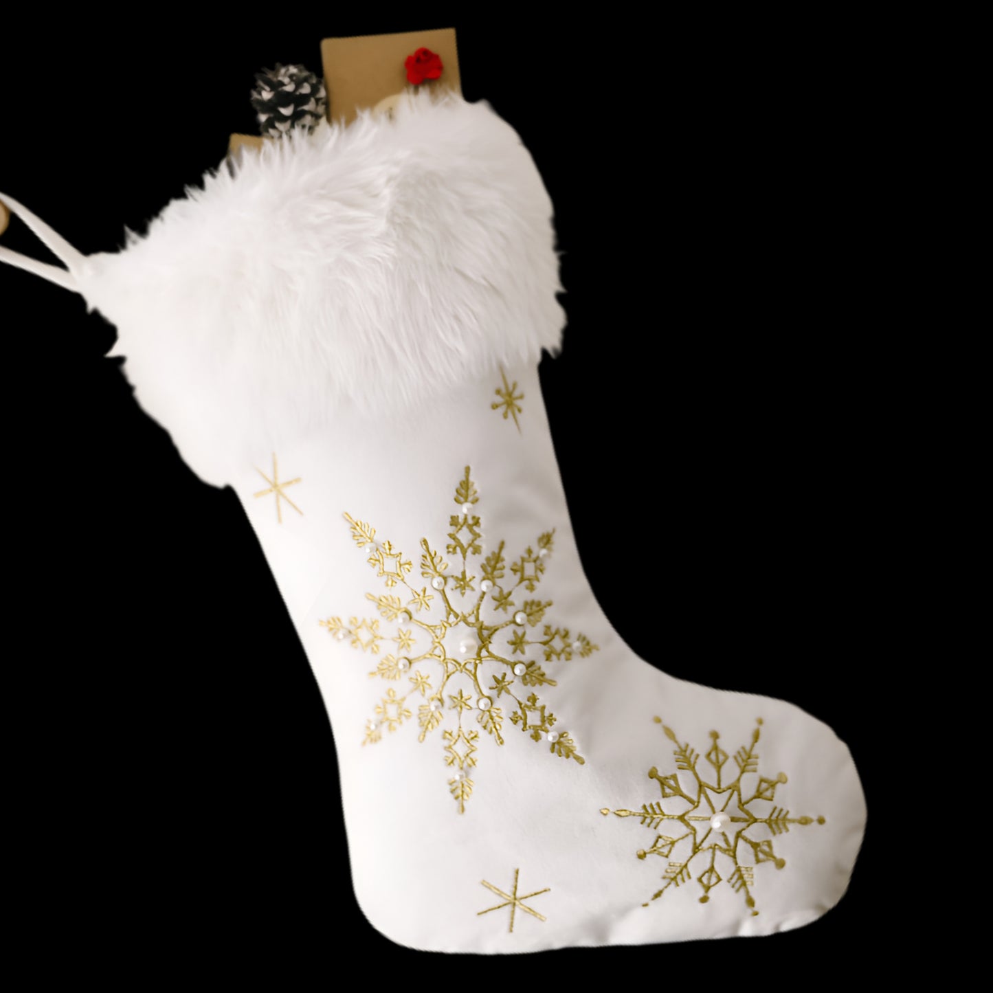 Faux Fur Embroidered Snowflake Beaded Holiday Christmas Stocking Festive Decor