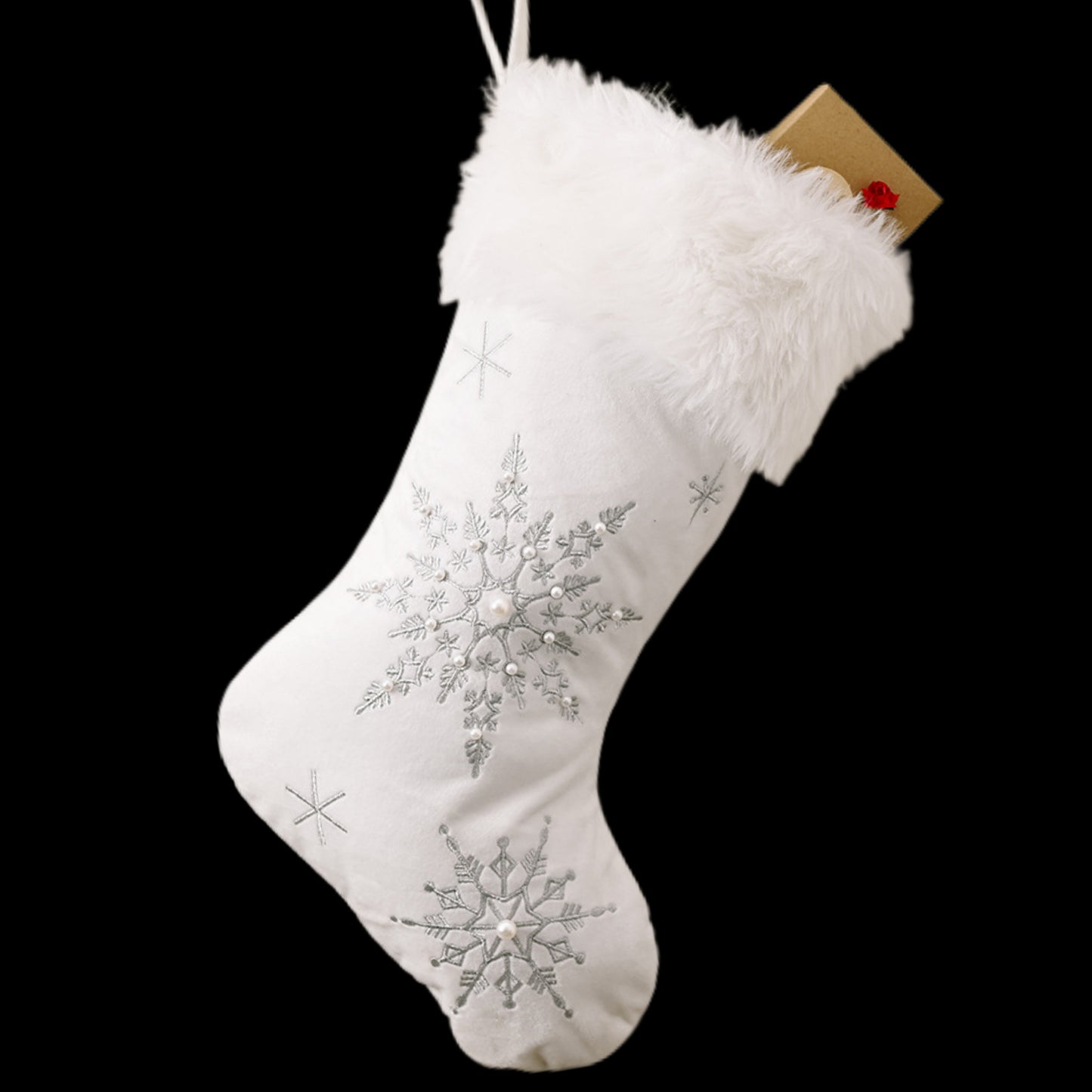 Faux Fur Embroidered Snowflake Beaded Holiday Christmas Stocking Festive Decor